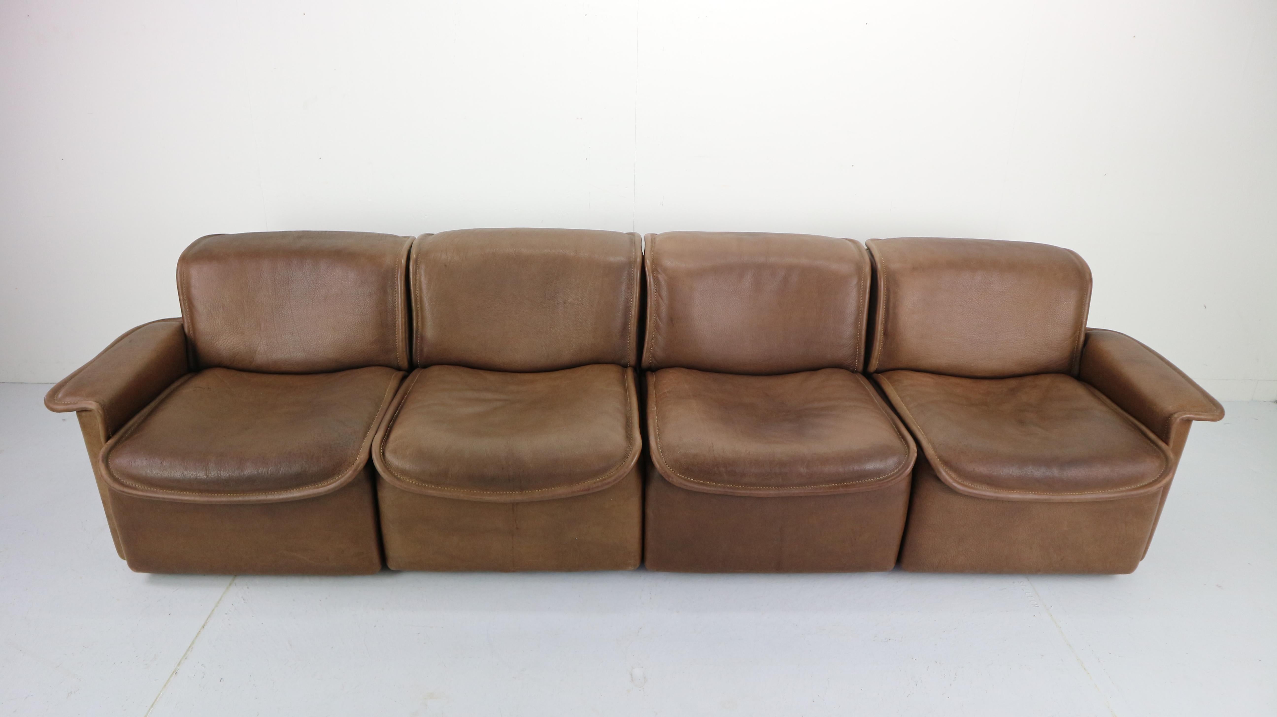 Swiss Vintage DS-12 Four-Seat Brown Leather Sofa by De Sede, Switzerland, 1970s