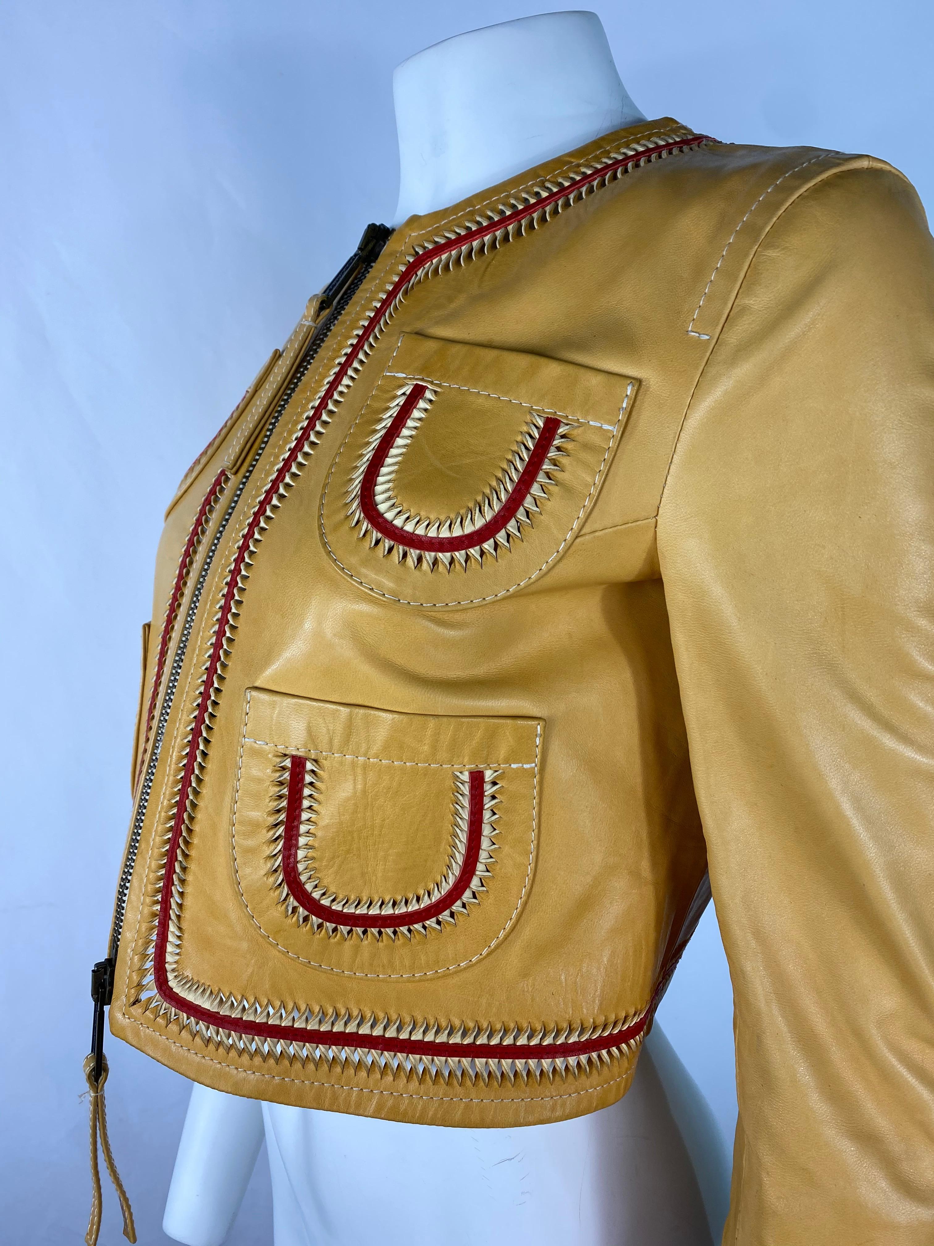 Vintage Dsquared2 Yellow and Red Leather Jacket, Size 42 For Sale 1