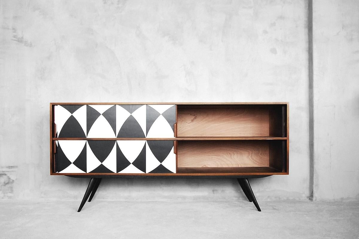 Vintage Dual Walnut Sideboard with Hand Painted Pattern, 1960s 11
