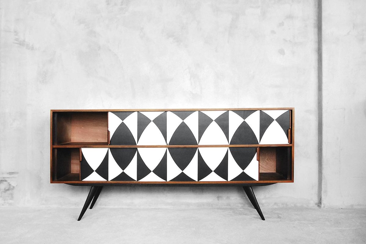 Vintage Dual Walnut Sideboard with Hand Painted Pattern, 1960s 1