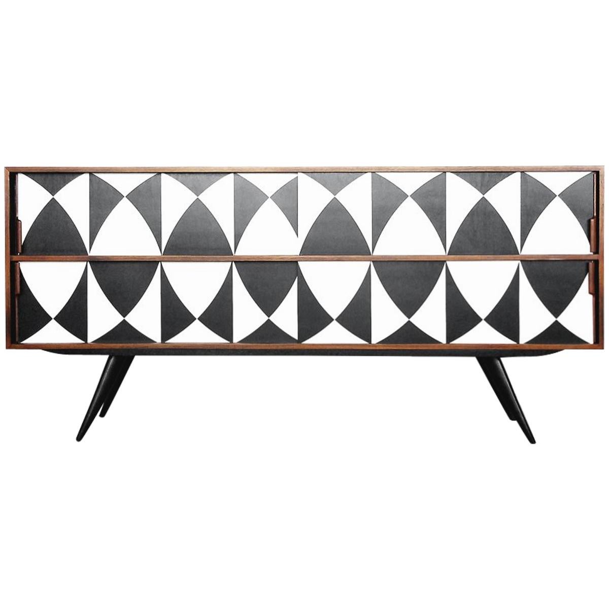 Vintage Dual Walnut Sideboard with Hand Painted Pattern, 1960s