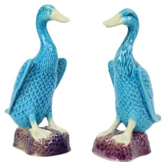 Vintage Ente Figur Figur Paar Blau Chinesisch Porzellan 12cm