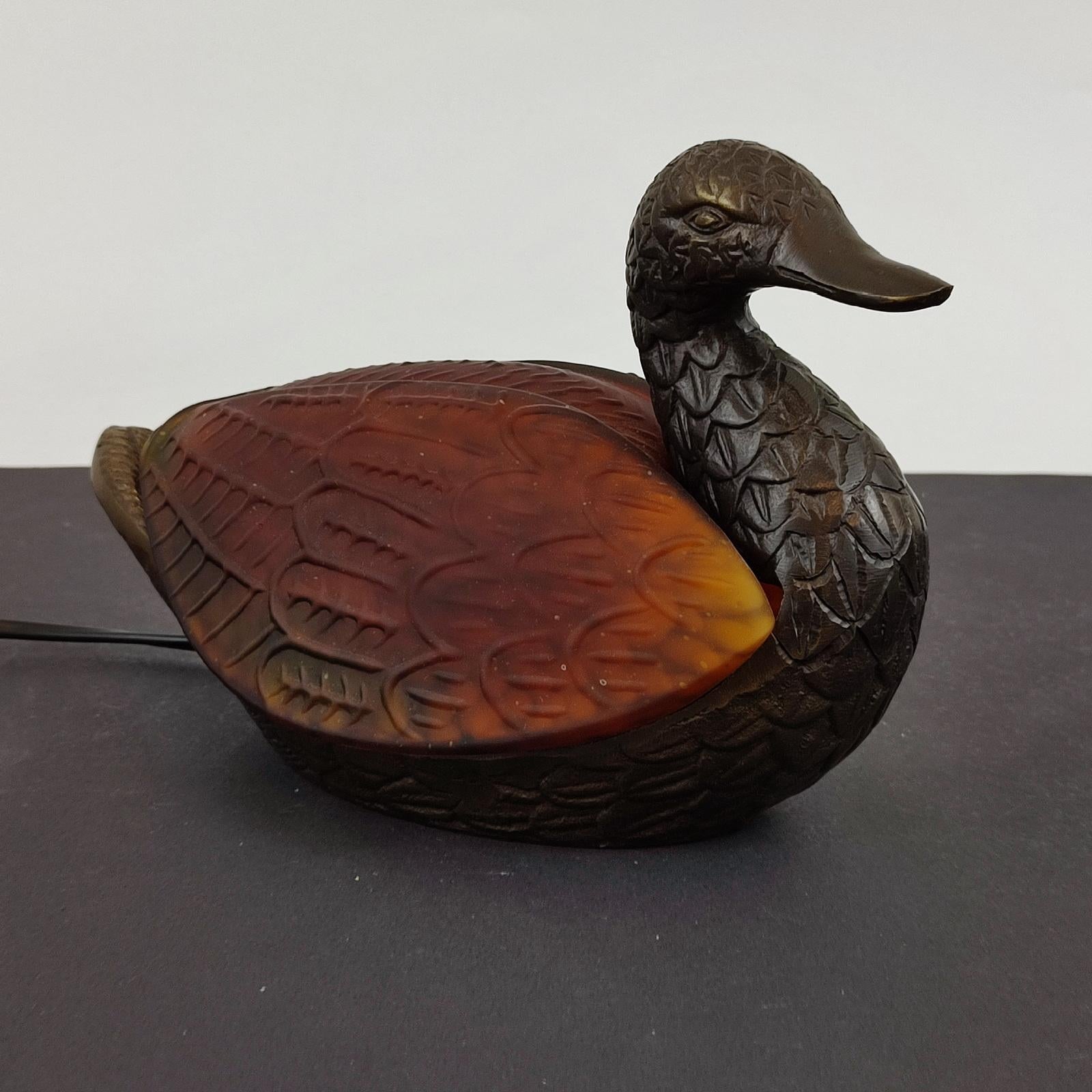 Vintage Duck Table Lamp in Amber and Green Glass and Metal Bronze Dale Tiffany In Good Condition For Sale In Bochum, NRW