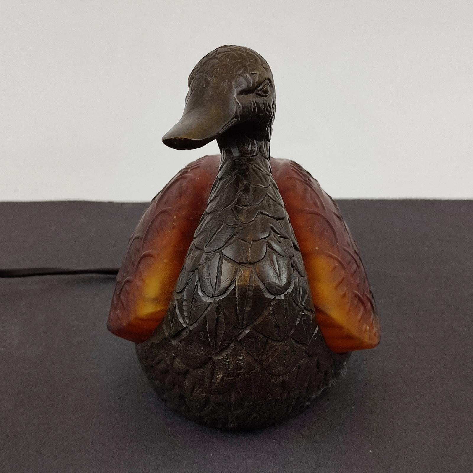 Late 20th Century Vintage Duck Table Lamp in Amber and Green Glass and Metal Bronze Dale Tiffany For Sale