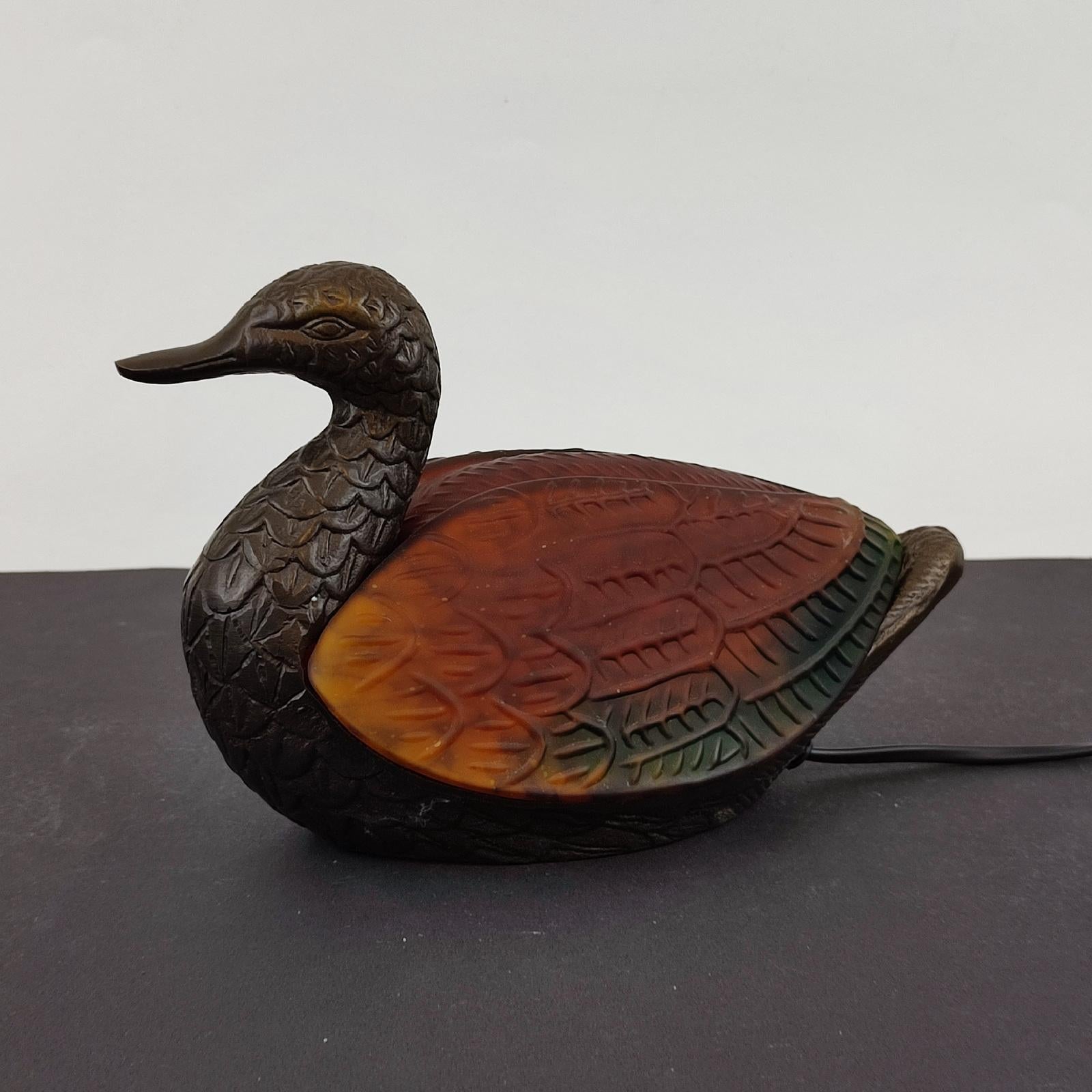 Vintage Duck Table Lamp in Amber and Green Glass and Metal Bronze Dale Tiffany For Sale 1