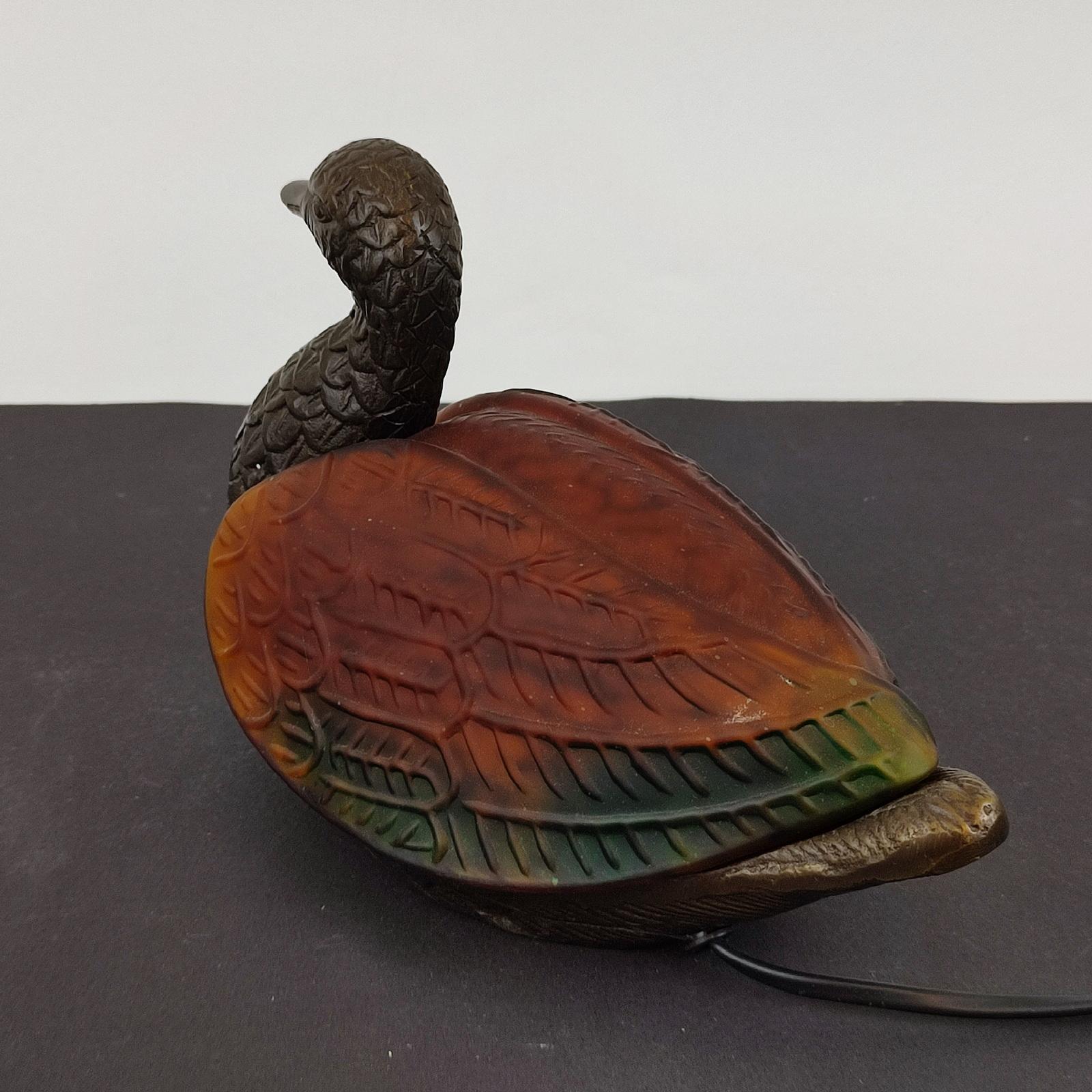 Vintage Duck Table Lamp in Amber and Green Glass and Metal Bronze Dale Tiffany For Sale 2