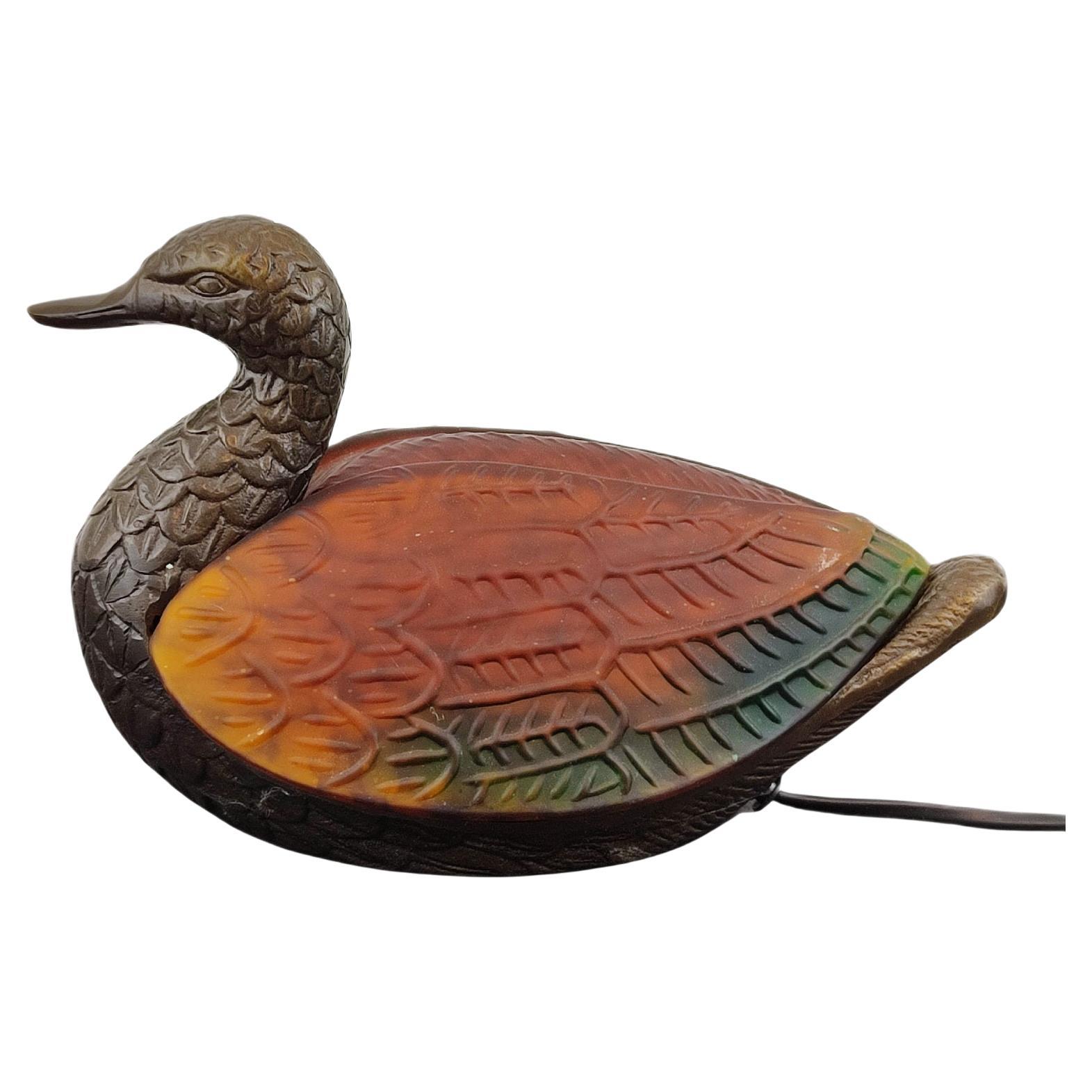 Vintage Duck Table Lamp in Amber and Green Glass and Metal Bronze Dale Tiffany For Sale