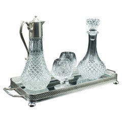 Vintage Duet Spirits Tray, English, Glass, Silver Plate, Serving, Decanter, 1970