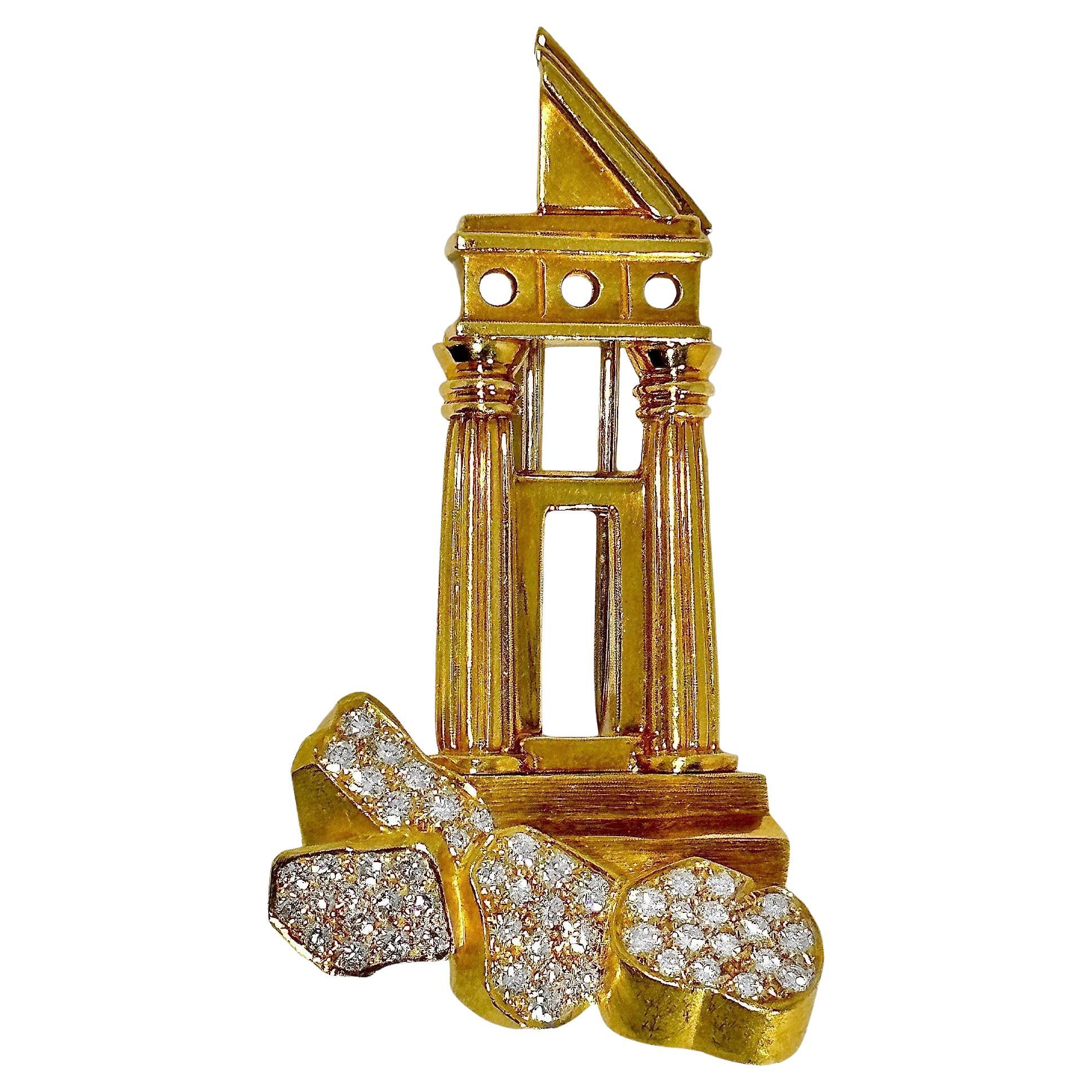 Vintage Dunay Architectural Brooch in 18k Gold and Diamonds For Sale