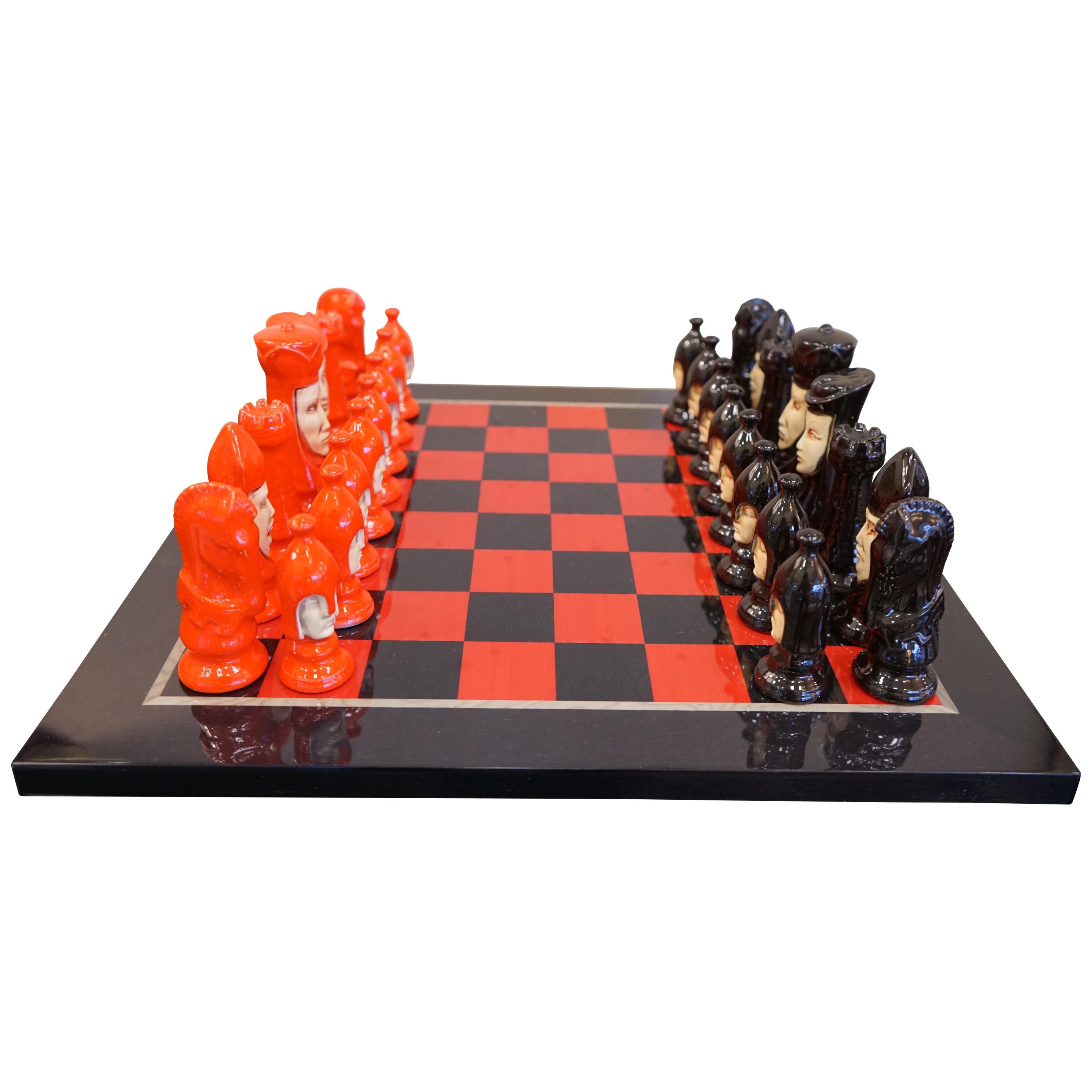 Vintage Duncan Medieval Style Red and Black Chess Set and Board