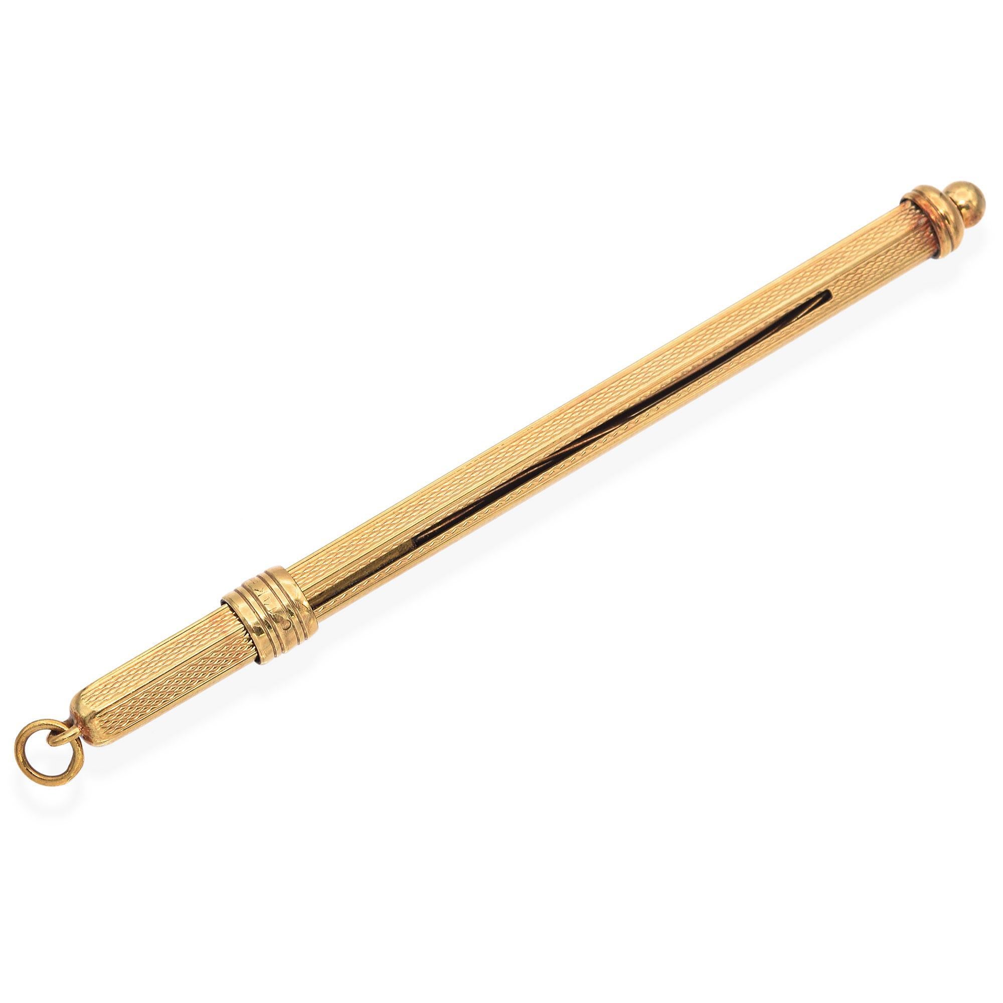 This stunning mid-century swizzle stick, crafted from 14k yellow gold, features a beautifully textured geometric pattern created through the unique process of engine turning. Originally designed to eliminate bubbles in champagne, this exquisite