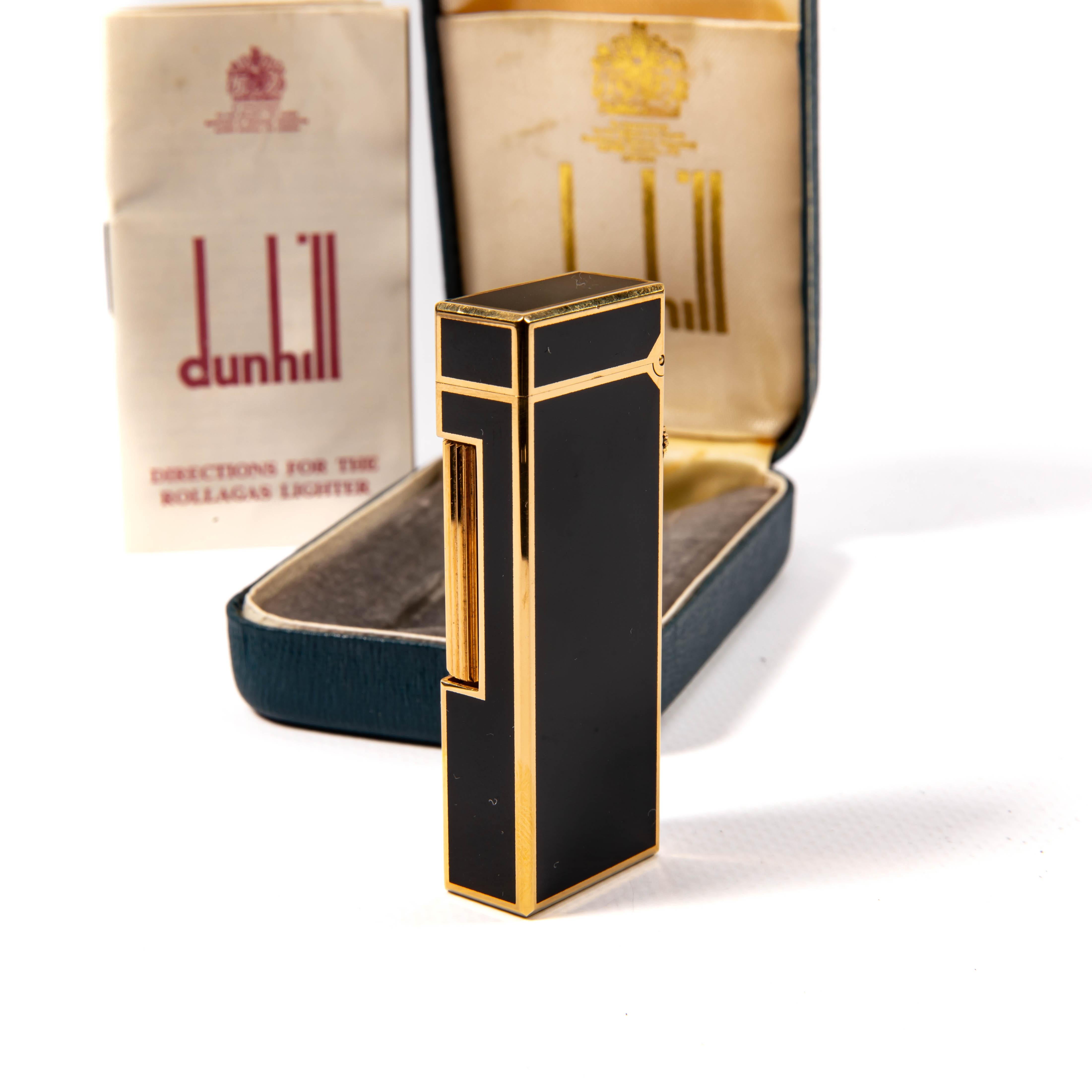 Women's or Men's Vintage DUNHILL Rollagas Lighter Black Lacquered in Box 1979 For Sale