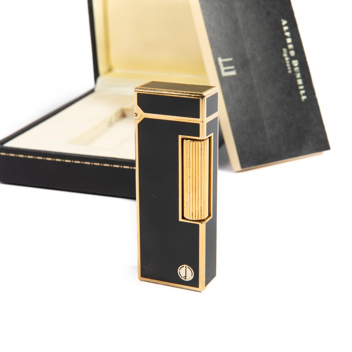 Vintage Dunhill Rollagas lighter Black Laqcuered Gold Plated In Box 1990s In Good Condition In DELFT, NL