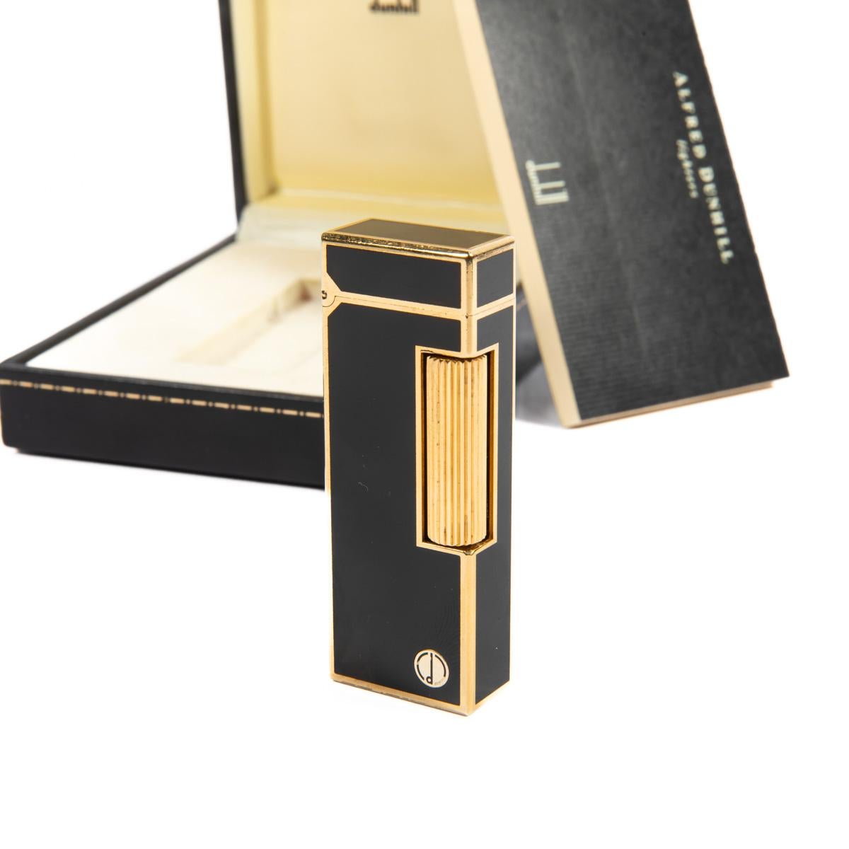 Vintage Dunhill Rollagas lighter Black Laqcuered Gold Plated In Box 1990s 3