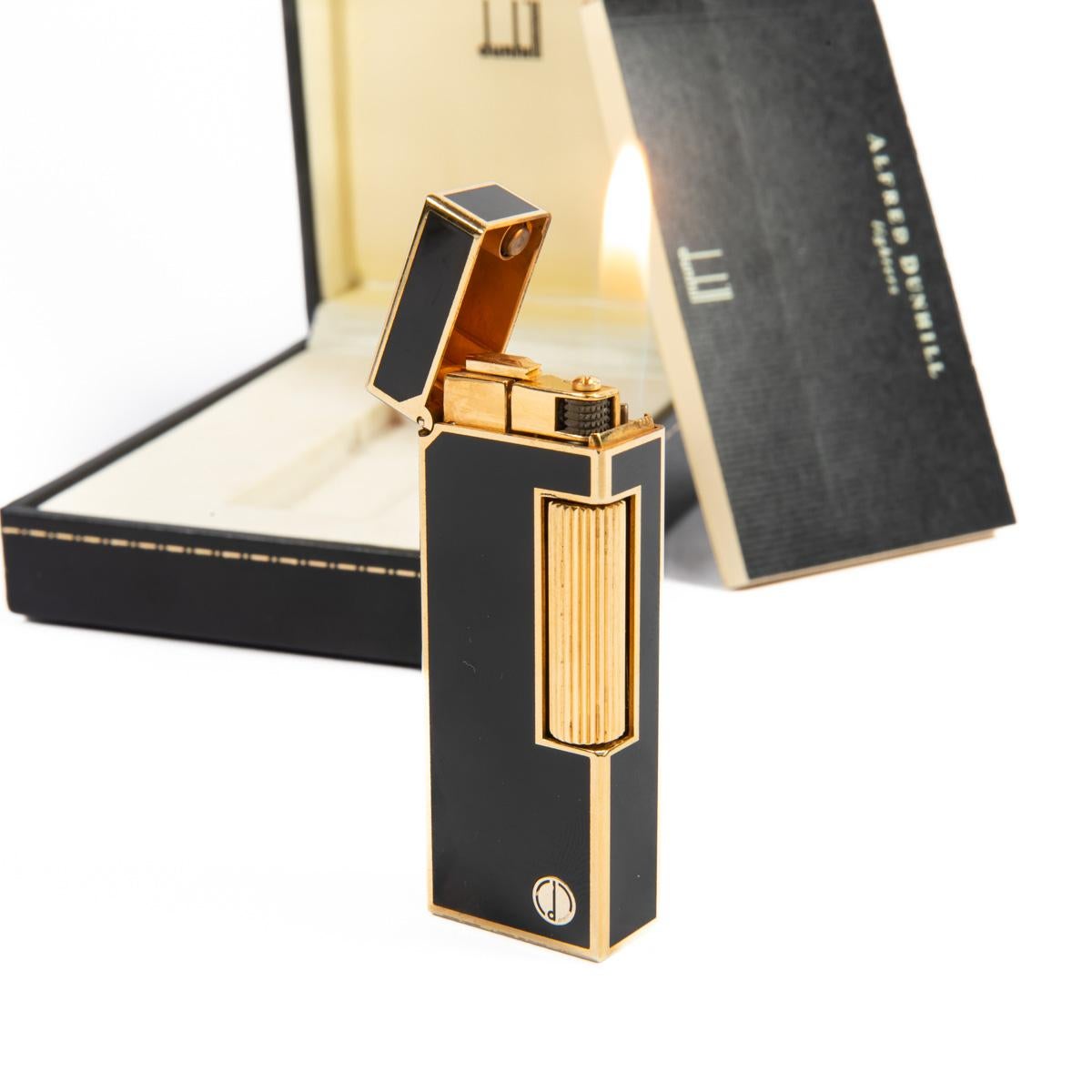 Vintage Dunhill Rollagas lighter Black Laqcuered Gold Plated In Box 1990s 4