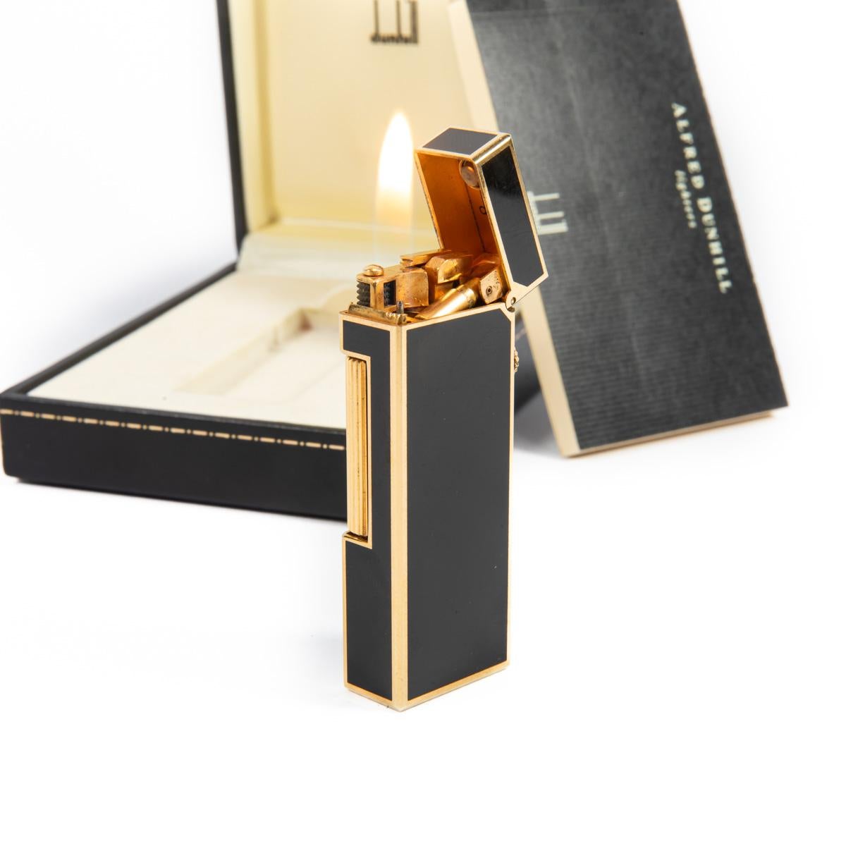 Vintage Dunhill Rollagas lighter Black Laqcuered Gold Plated In Box 1990s 5