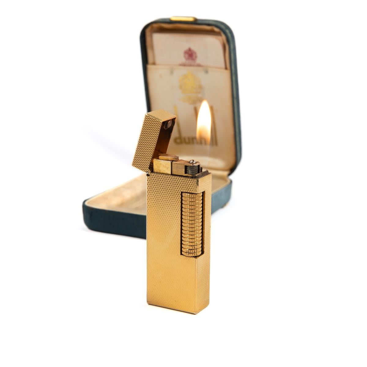 Vintage Dunhill Rollagas lighter Gold Plated Diamond cut In Box 1970s 4