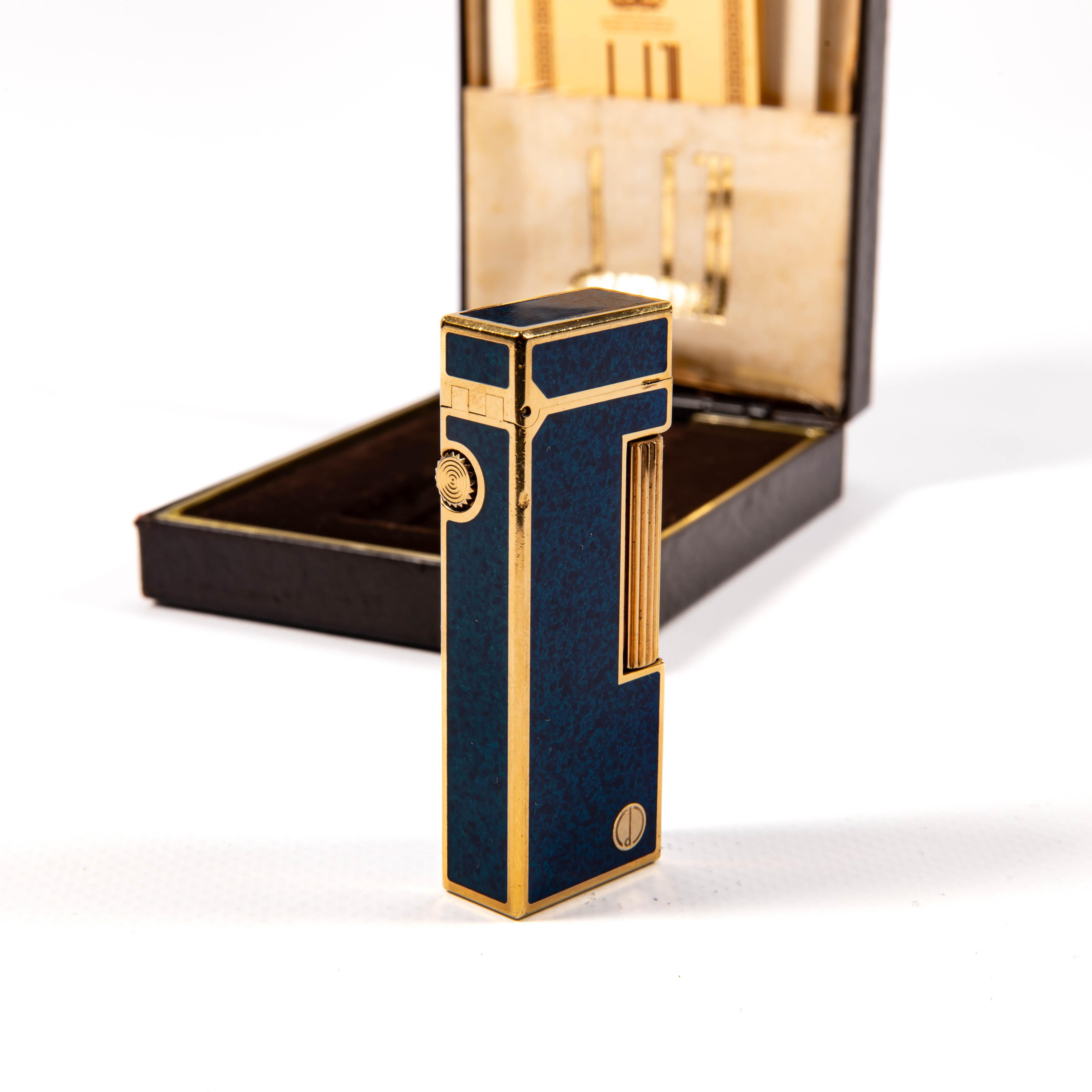 Vintage DUNHILL Rollagas Lighter Lapis Lazuli Lacquered in Box 1980s For Sale 2