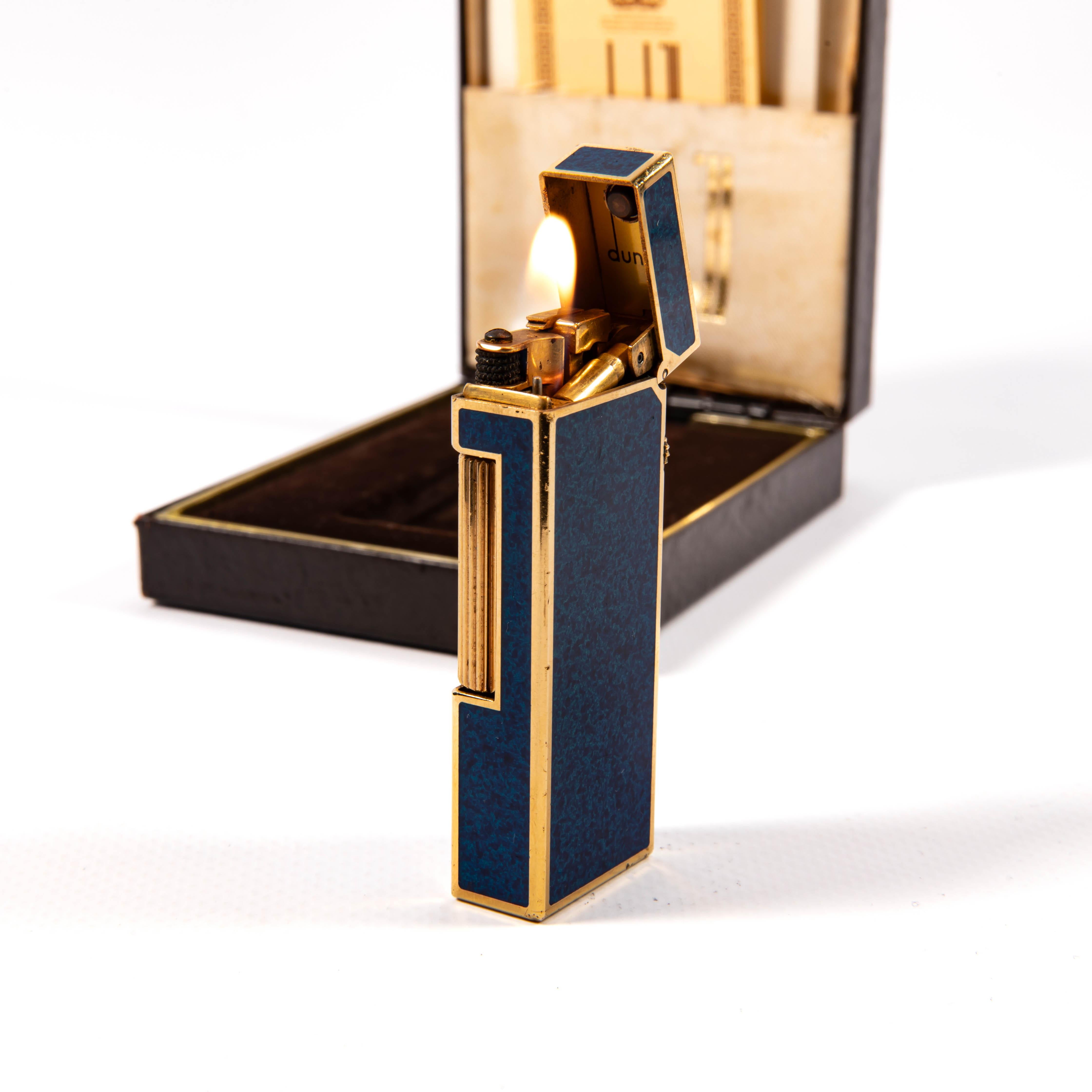 Vintage DUNHILL Rollagas Lighter Lapis Lazuli Lacquered in Box 1980s For Sale 4