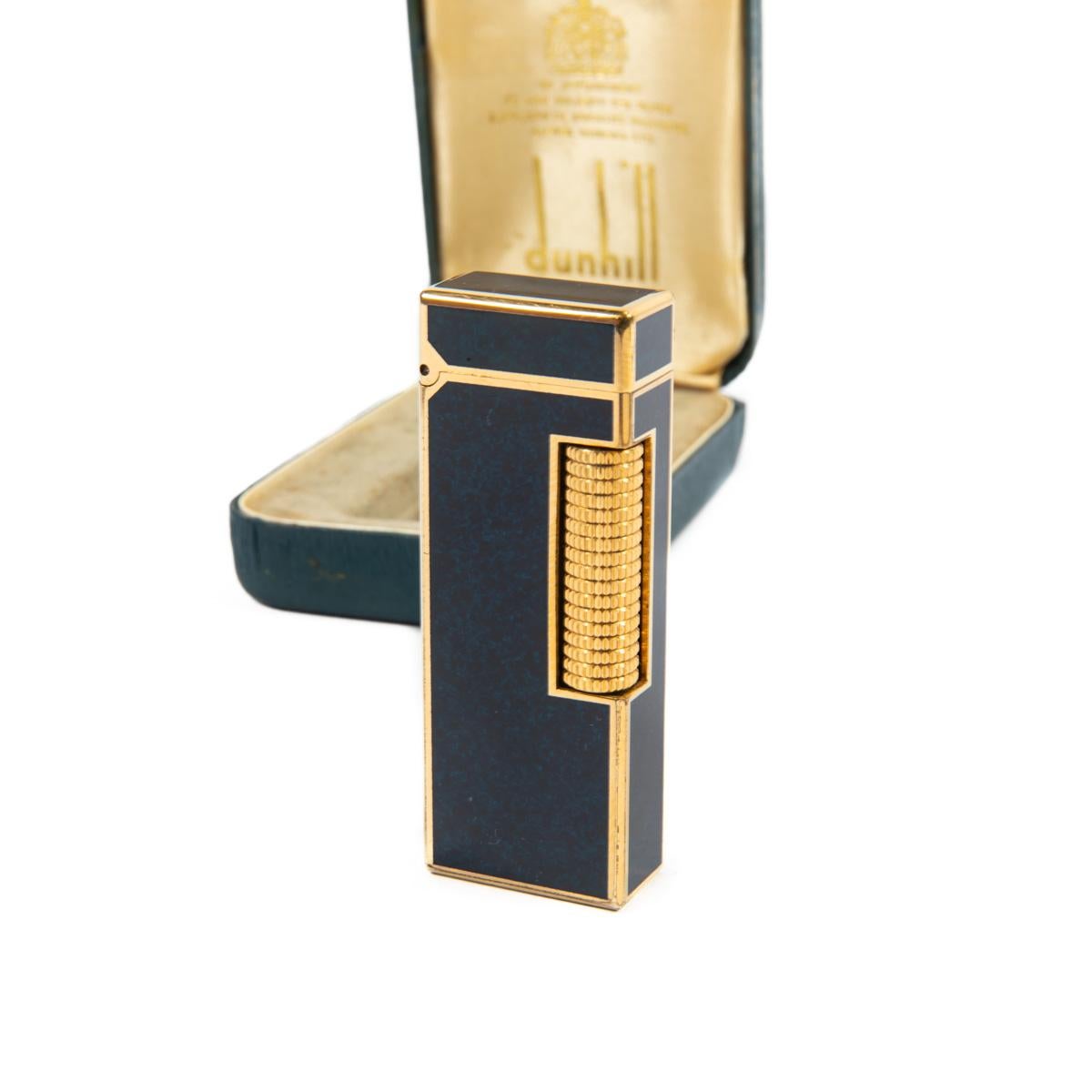 Vintage DUNHILL Rollagas lighter Lapiz Lazuli Dark Blue Gold Plated In Box 1980s In Good Condition In DELFT, NL
