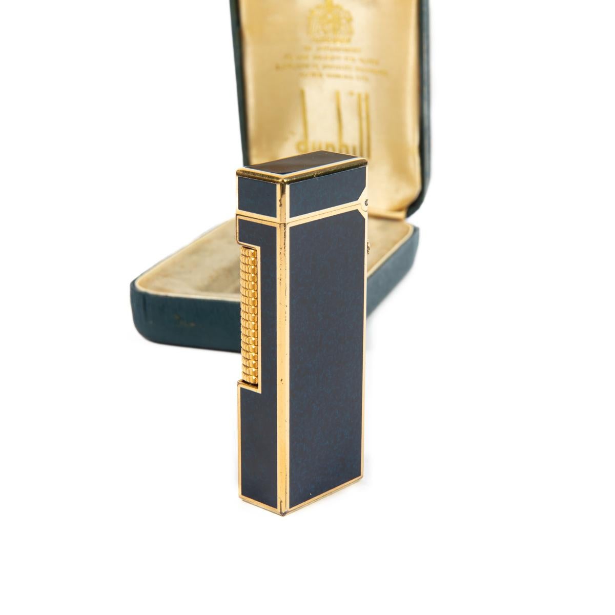 Women's or Men's Vintage DUNHILL Rollagas lighter Lapiz Lazuli Dark Blue Gold Plated In Box 1980s