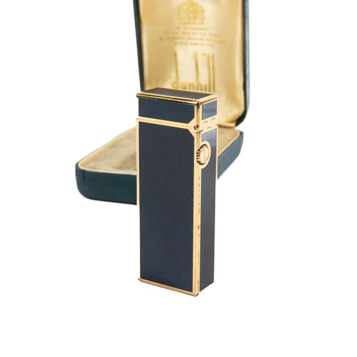 Vintage DUNHILL Rollagas lighter Lapiz Lazuli Dark Blue Gold Plated In Box 1980s 1