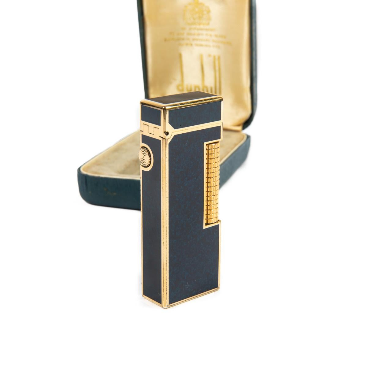 Vintage DUNHILL Rollagas lighter Lapiz Lazuli Dark Blue Gold Plated In Box 1980s 2