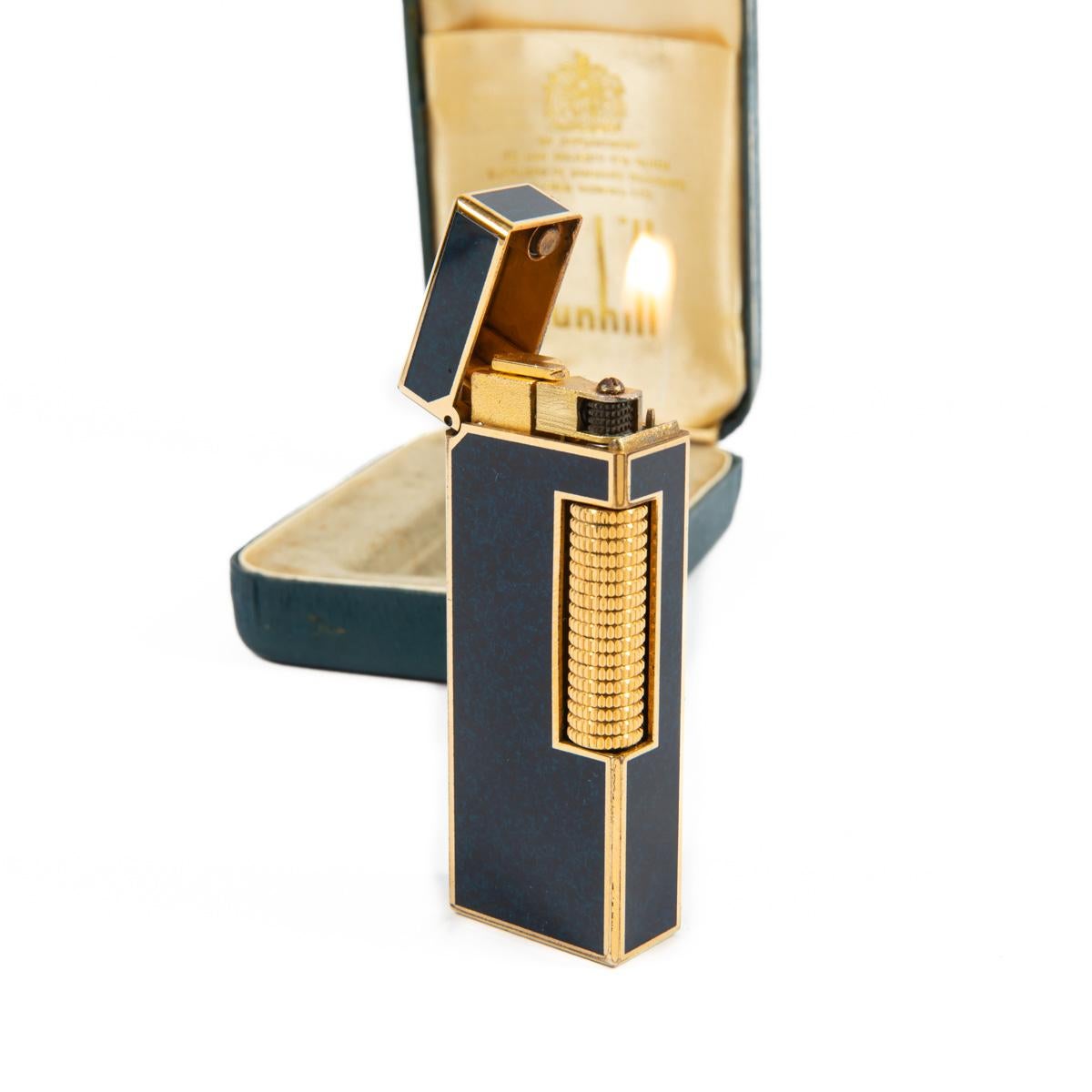 Vintage DUNHILL Rollagas lighter Lapiz Lazuli Dark Blue Gold Plated In Box 1980s 3