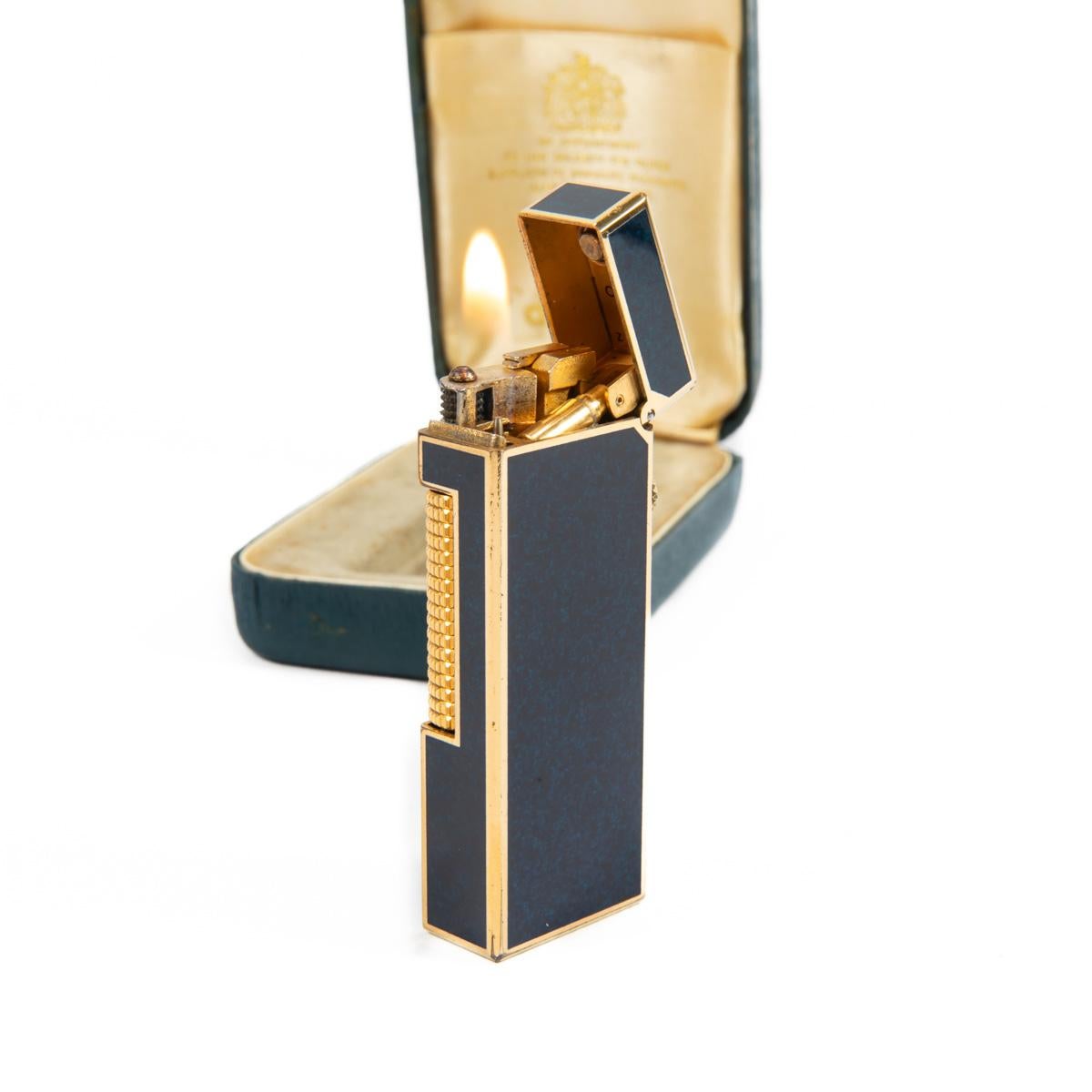 Vintage DUNHILL Rollagas lighter Lapiz Lazuli Dark Blue Gold Plated In Box 1980s 4