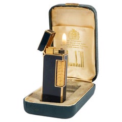 Vintage DUNHILL Rollagas lighter Lapiz Lazuli Dark Blue Gold Plated In Box 1980s
