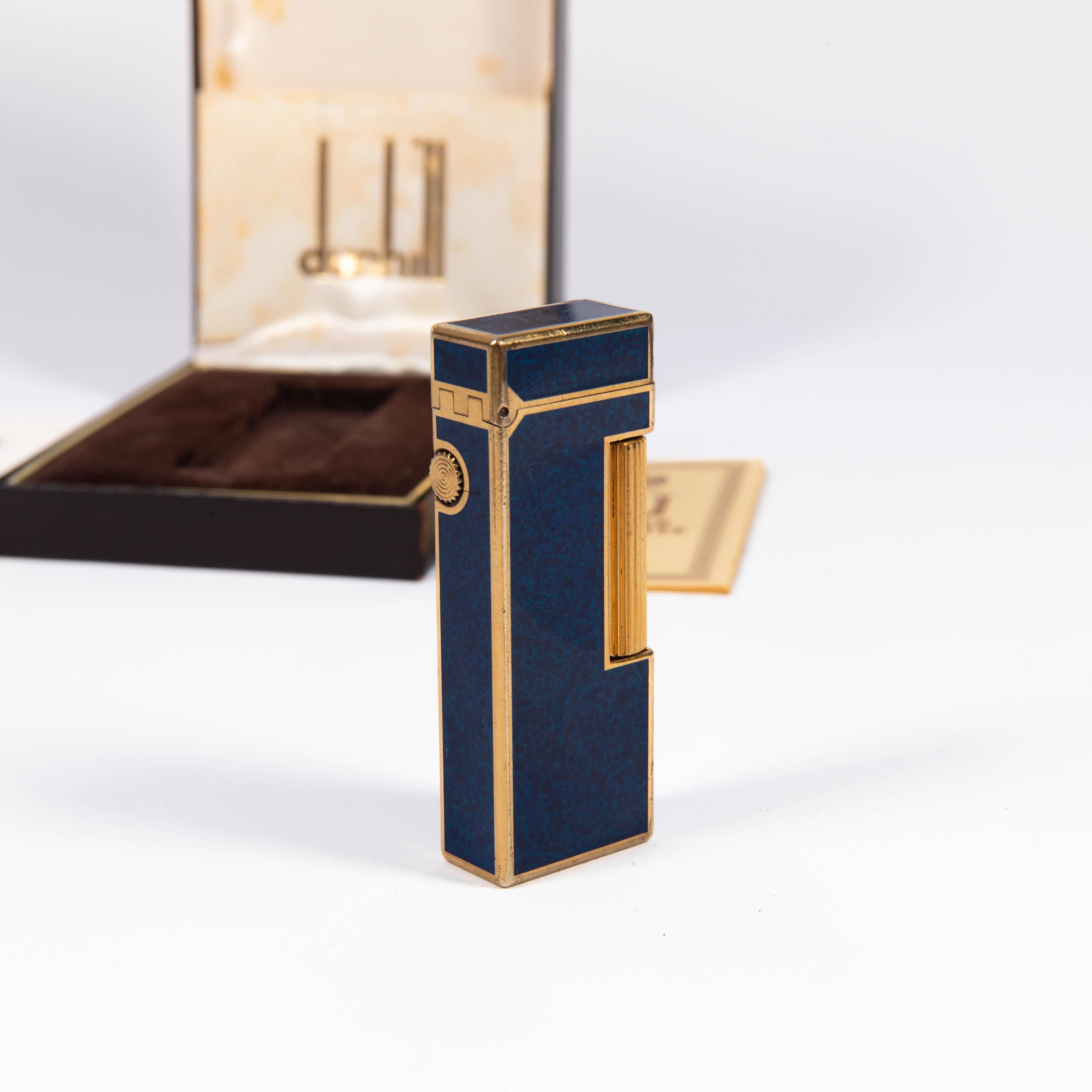 Vintage DUNHILL Rollagas Lighter Lapiz Lazuli Gold Plated in Box 1980s In Good Condition In DELFT, NL
