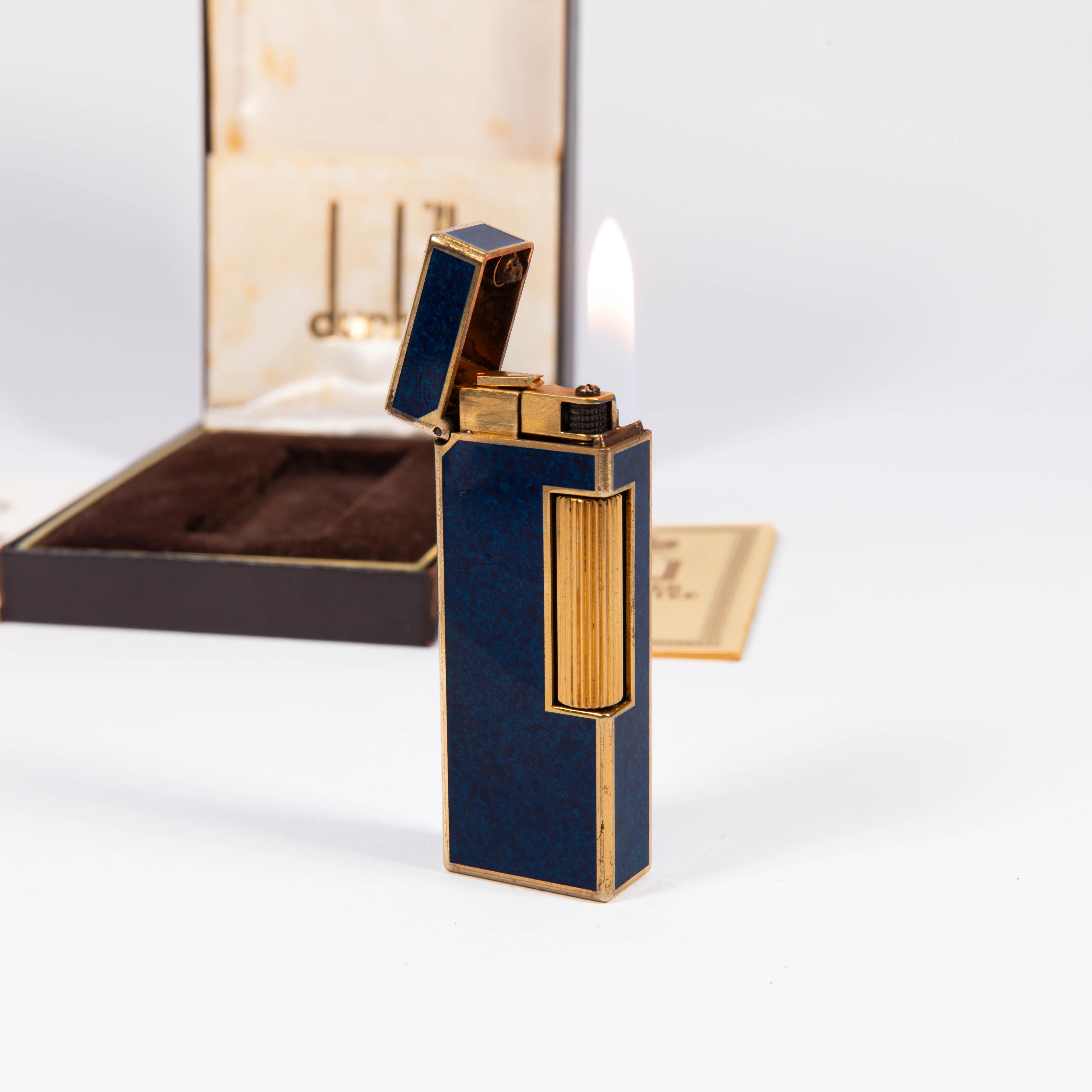 Women's or Men's Vintage DUNHILL Rollagas Lighter Lapiz Lazuli Gold Plated in Box 1980s