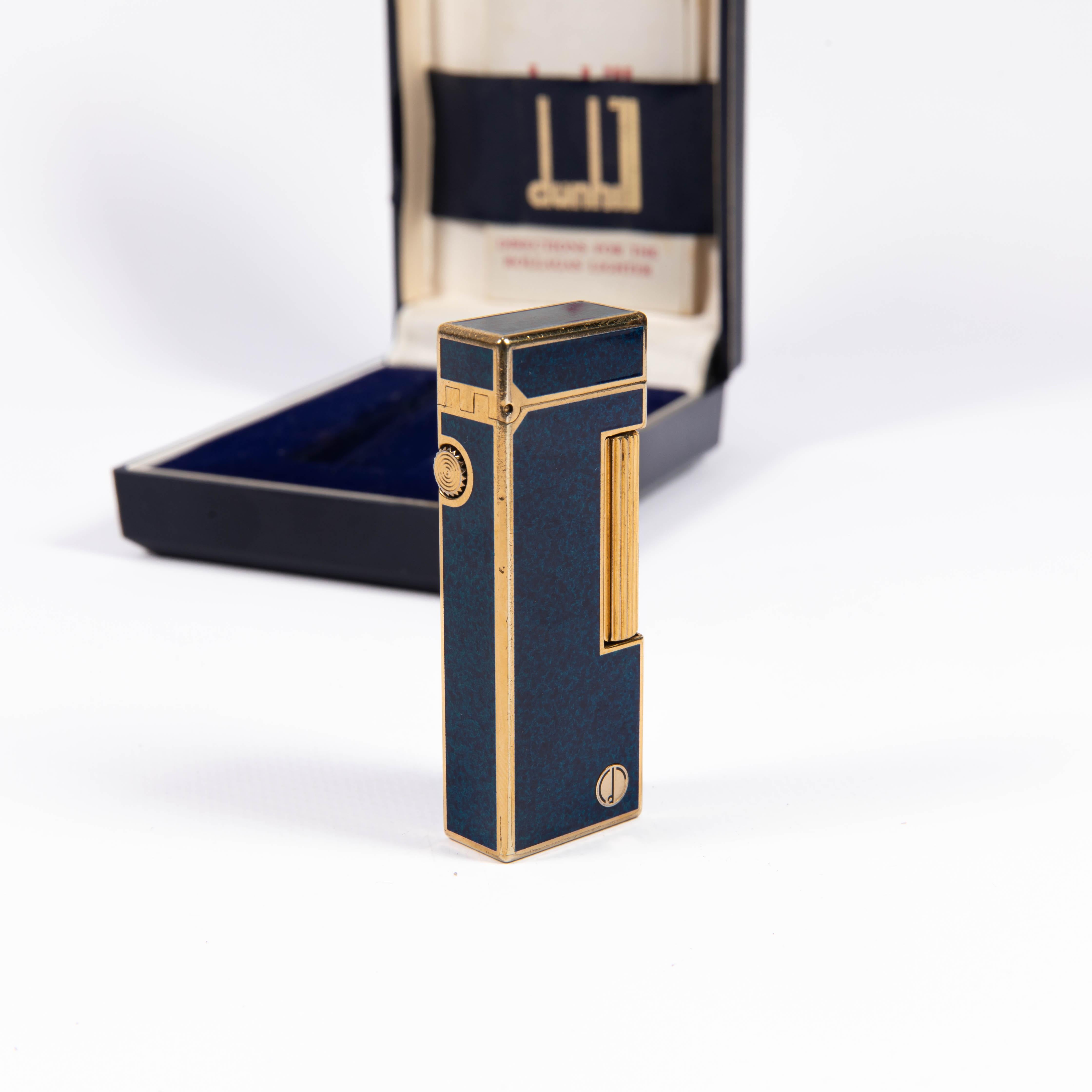 Vintage DUNHILL Rollagas Lighter Lapiz Lazuli Gold Plated in Box 1980s In Good Condition In DELFT, NL