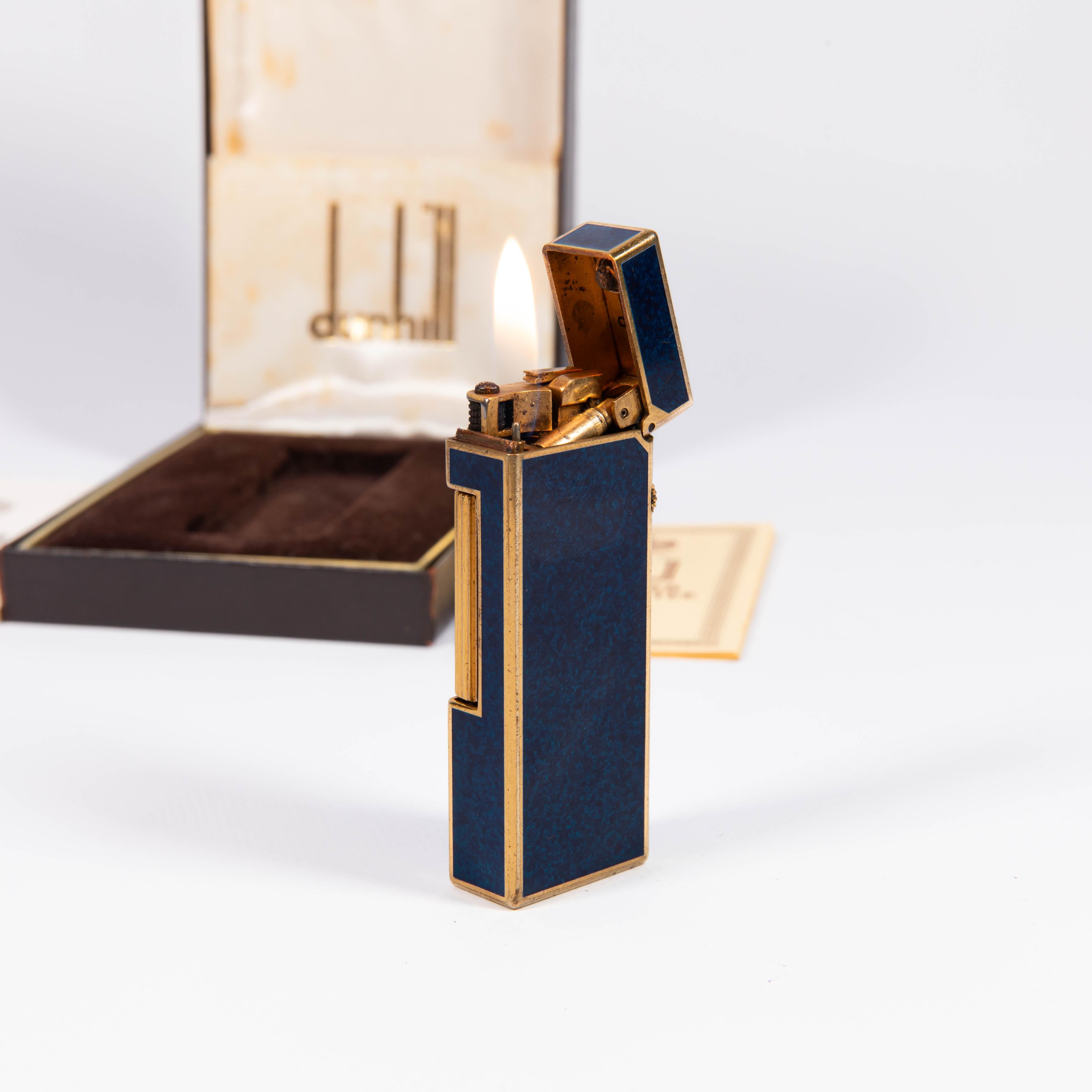 Vintage DUNHILL Rollagas Lighter Lapiz Lazuli Gold Plated in Box 1980s 1