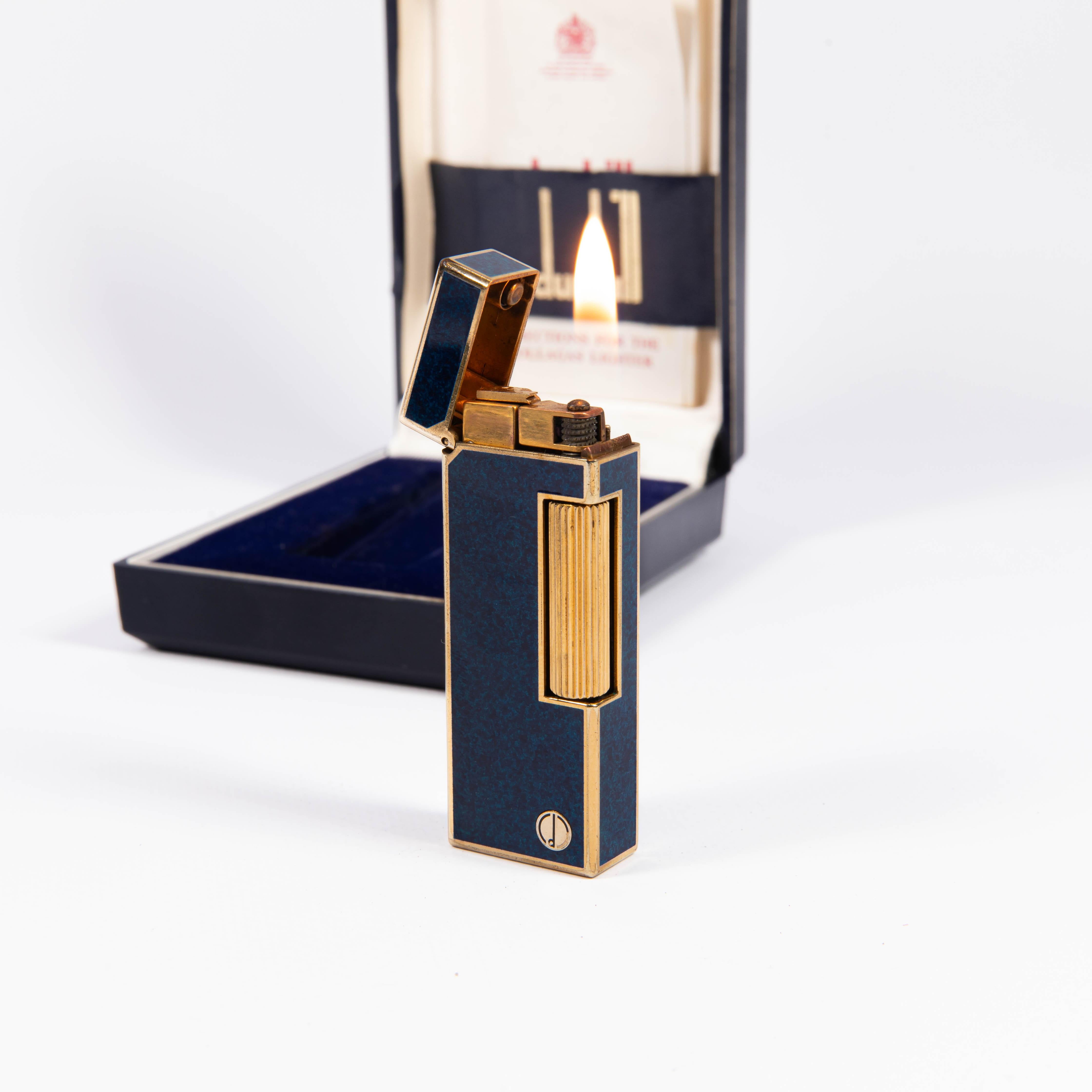 Women's or Men's Vintage DUNHILL Rollagas Lighter Lapiz Lazuli Gold Plated in Box 1980s