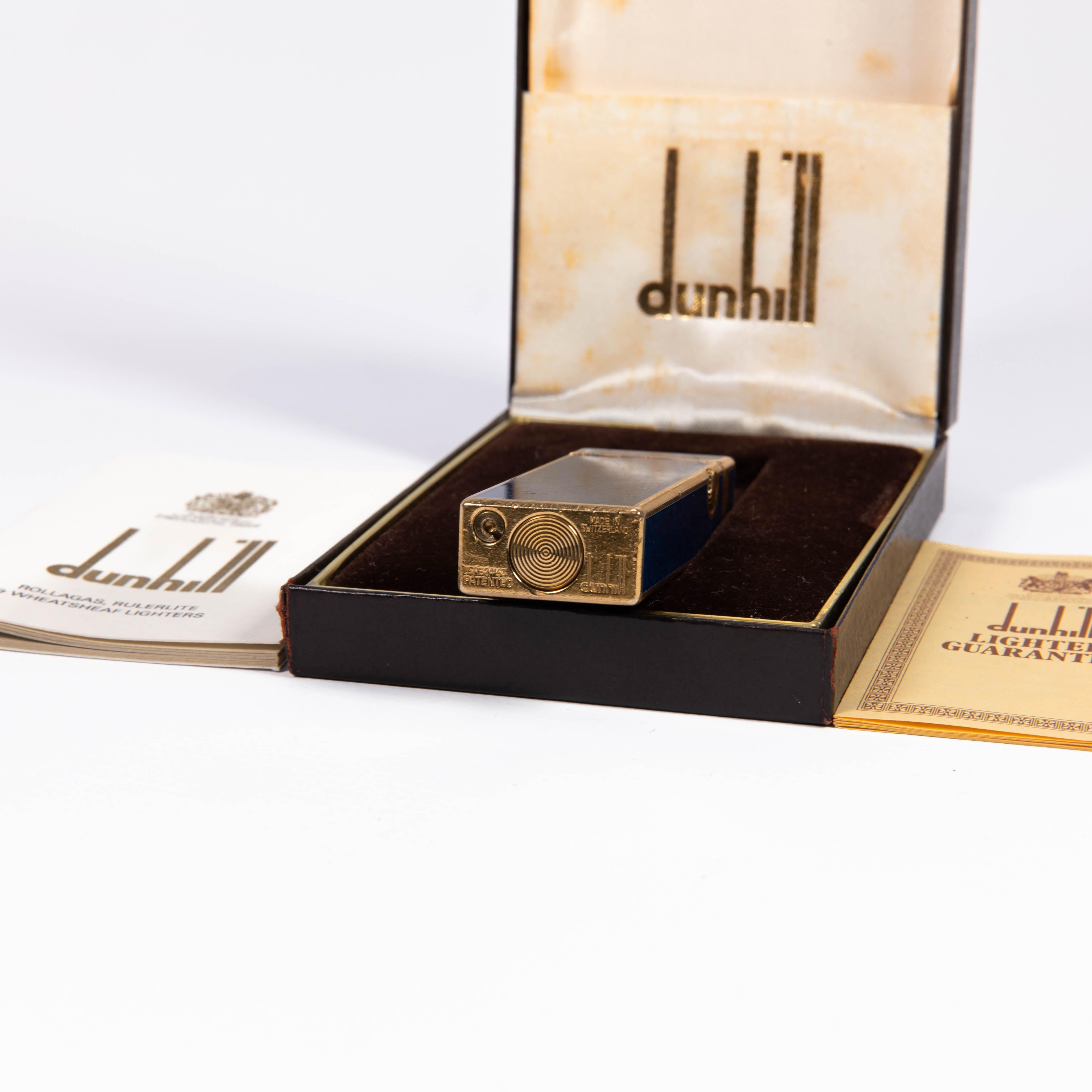 Vintage DUNHILL Rollagas Lighter Lapiz Lazuli Gold Plated in Box 1980s 2