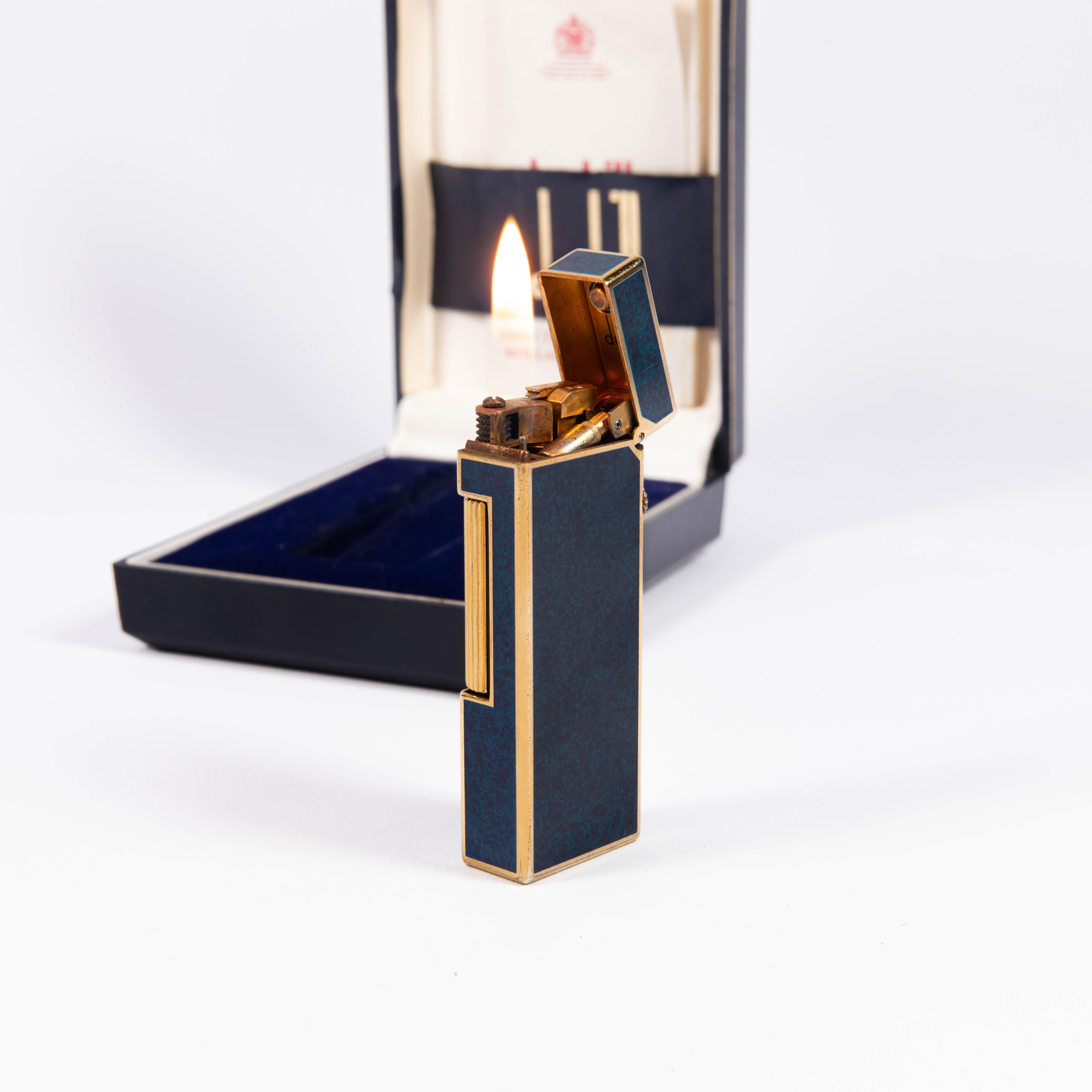 Vintage DUNHILL Rollagas Lighter Lapiz Lazuli Gold Plated in Box 1980s 1
