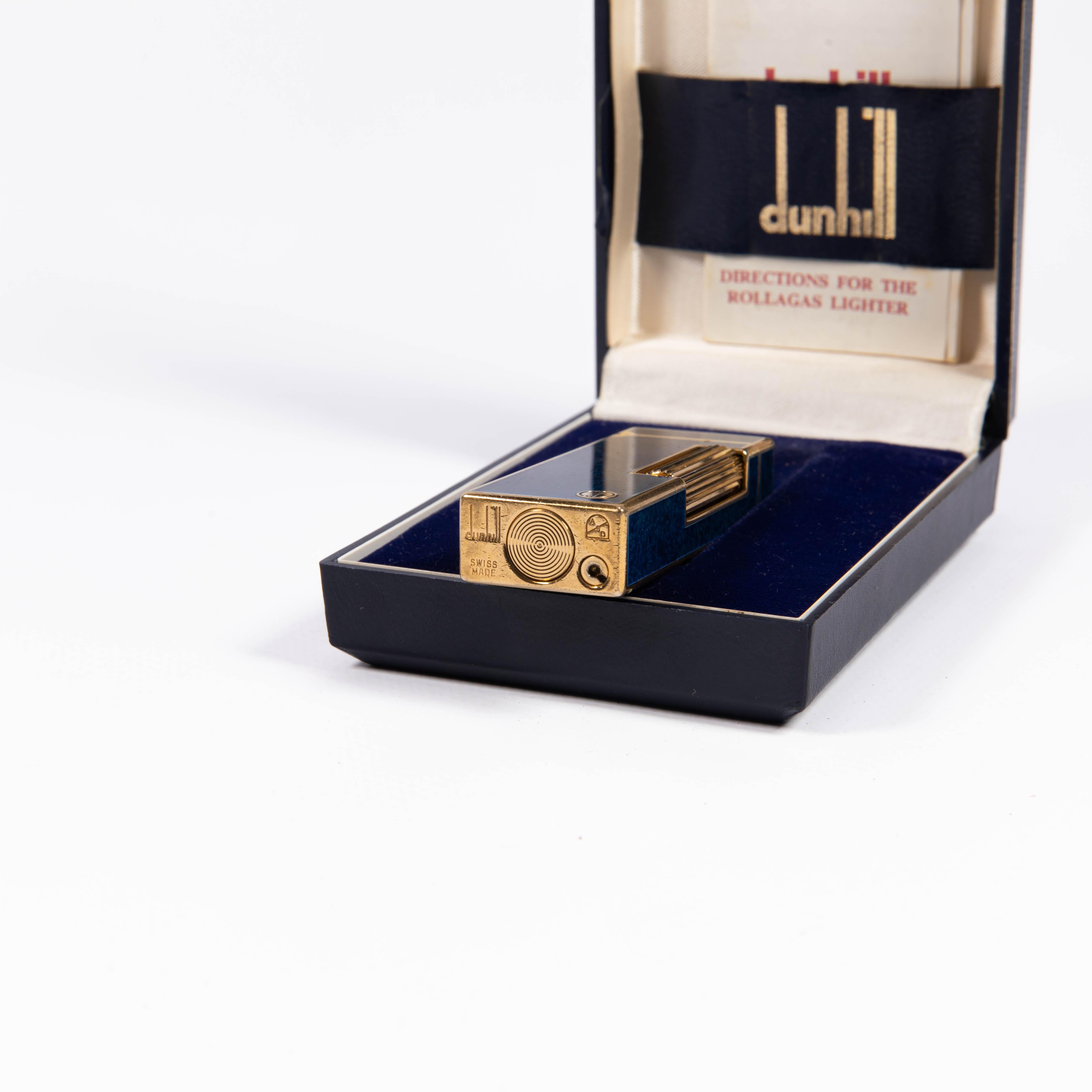 Vintage DUNHILL Rollagas Lighter Lapiz Lazuli Gold Plated in Box 1980s 2