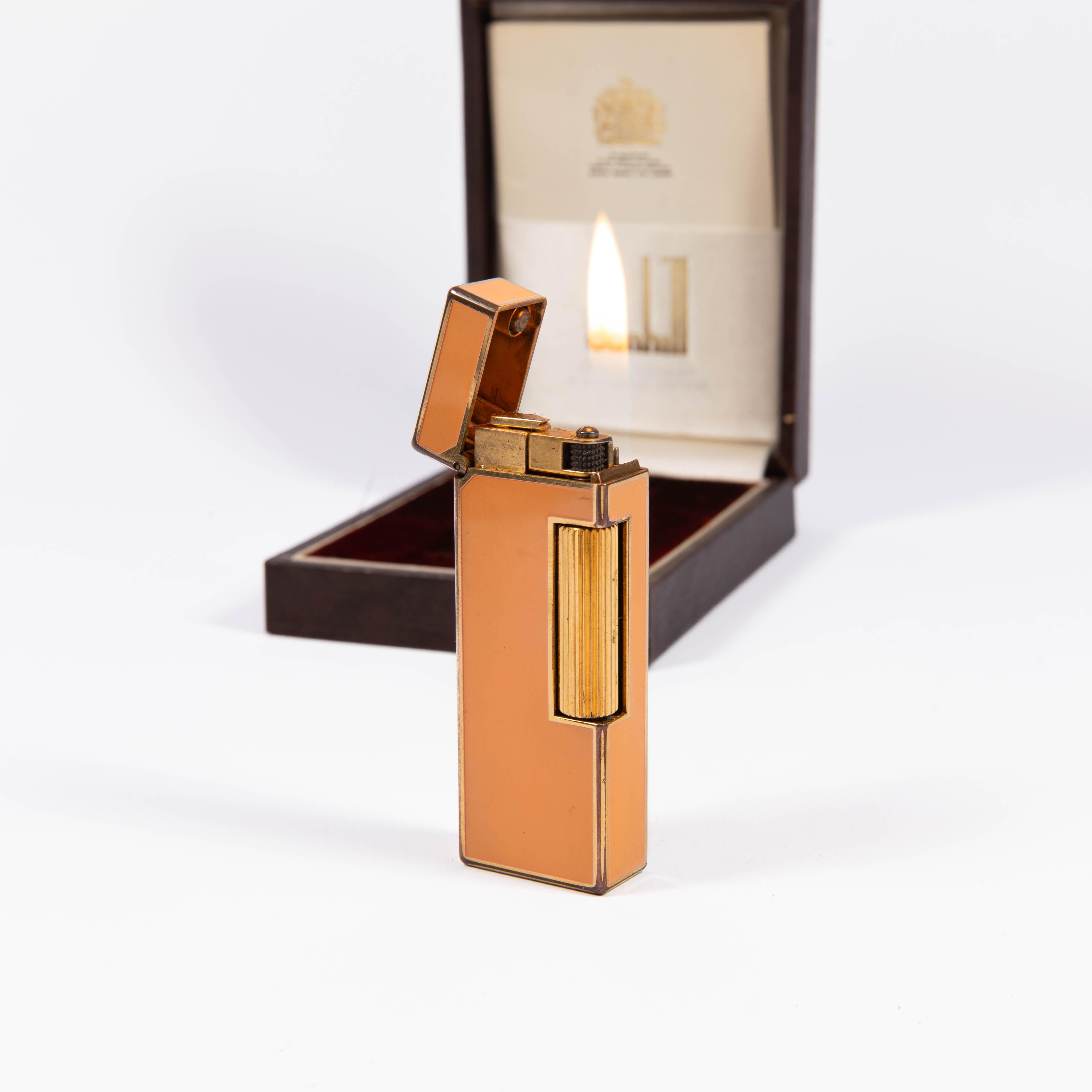 Women's or Men's Vintage Dunhill Rollagas Lighter Orange Laqcuered Gold Plated in Box 1980s