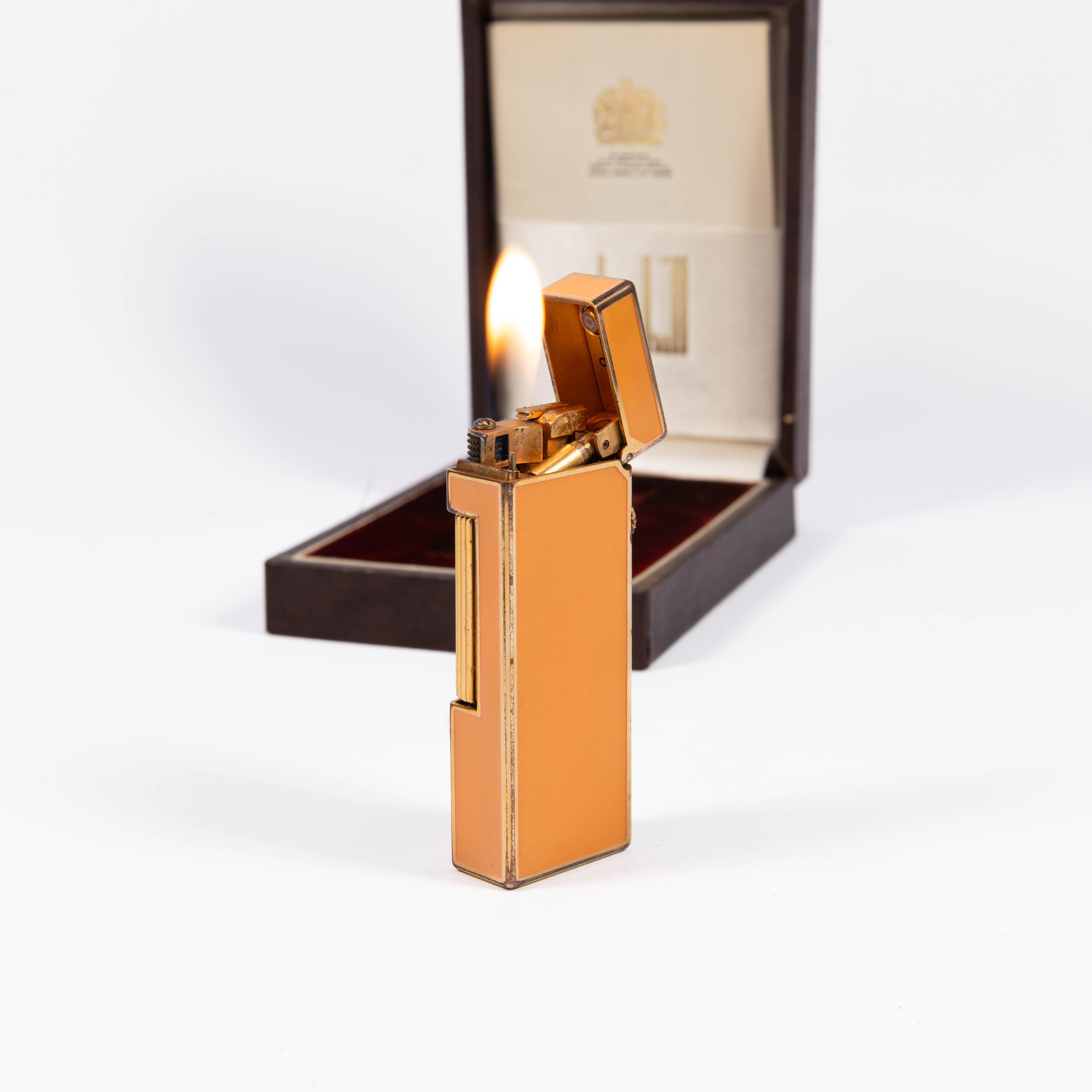 Vintage Dunhill Rollagas Lighter Orange Laqcuered Gold Plated in Box 1980s 1