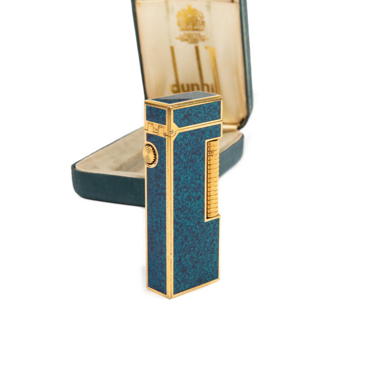Vintage DUNHILL Rollagas lighter RARE Lapiz Lazuli Gold Plated In Box 1980s 2