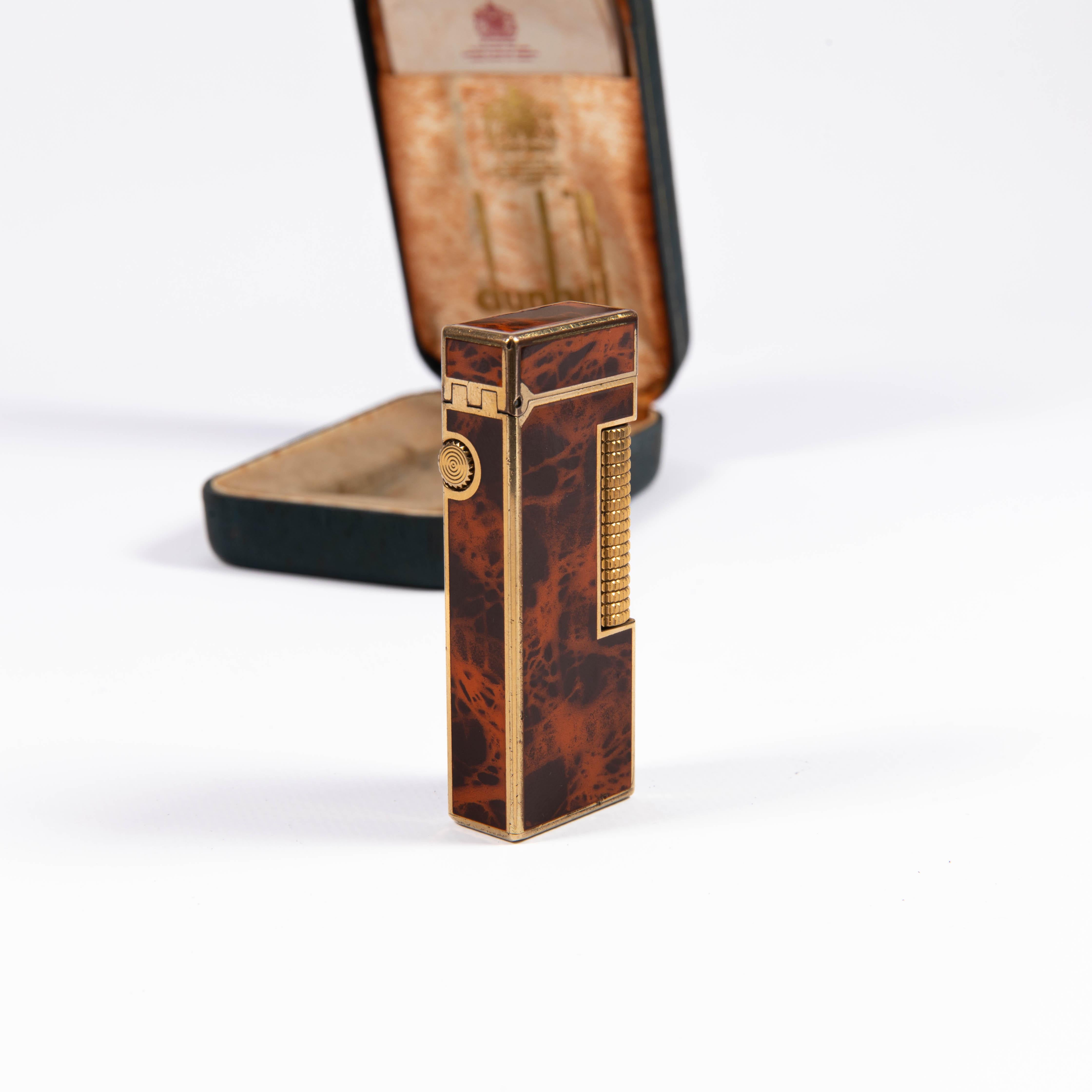 Vintage Dunhill Rollagas Lighter Red Marble Gold Plated in Box 1980s 1