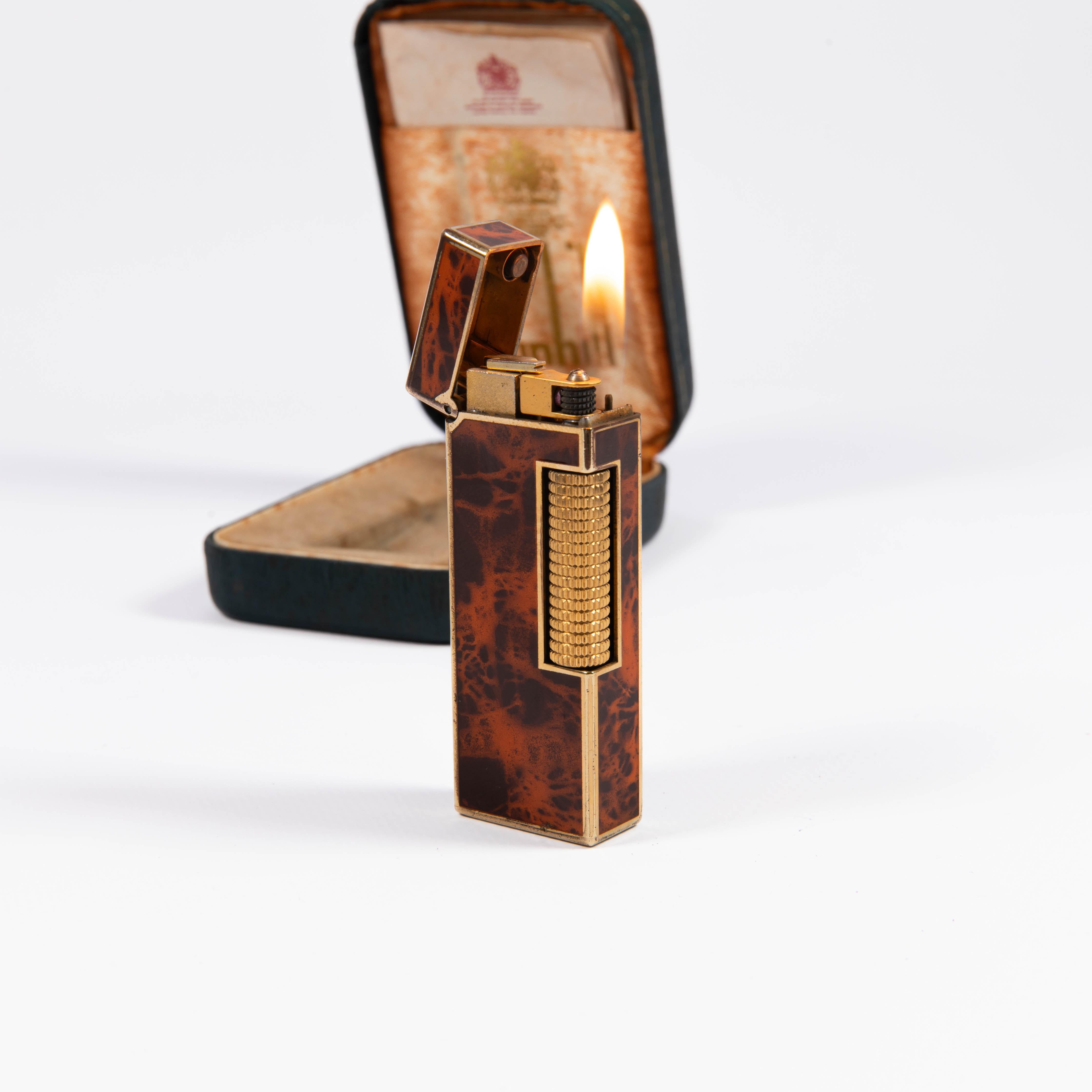Vintage Dunhill Rollagas Lighter Red Marble Gold Plated in Box 1980s 2