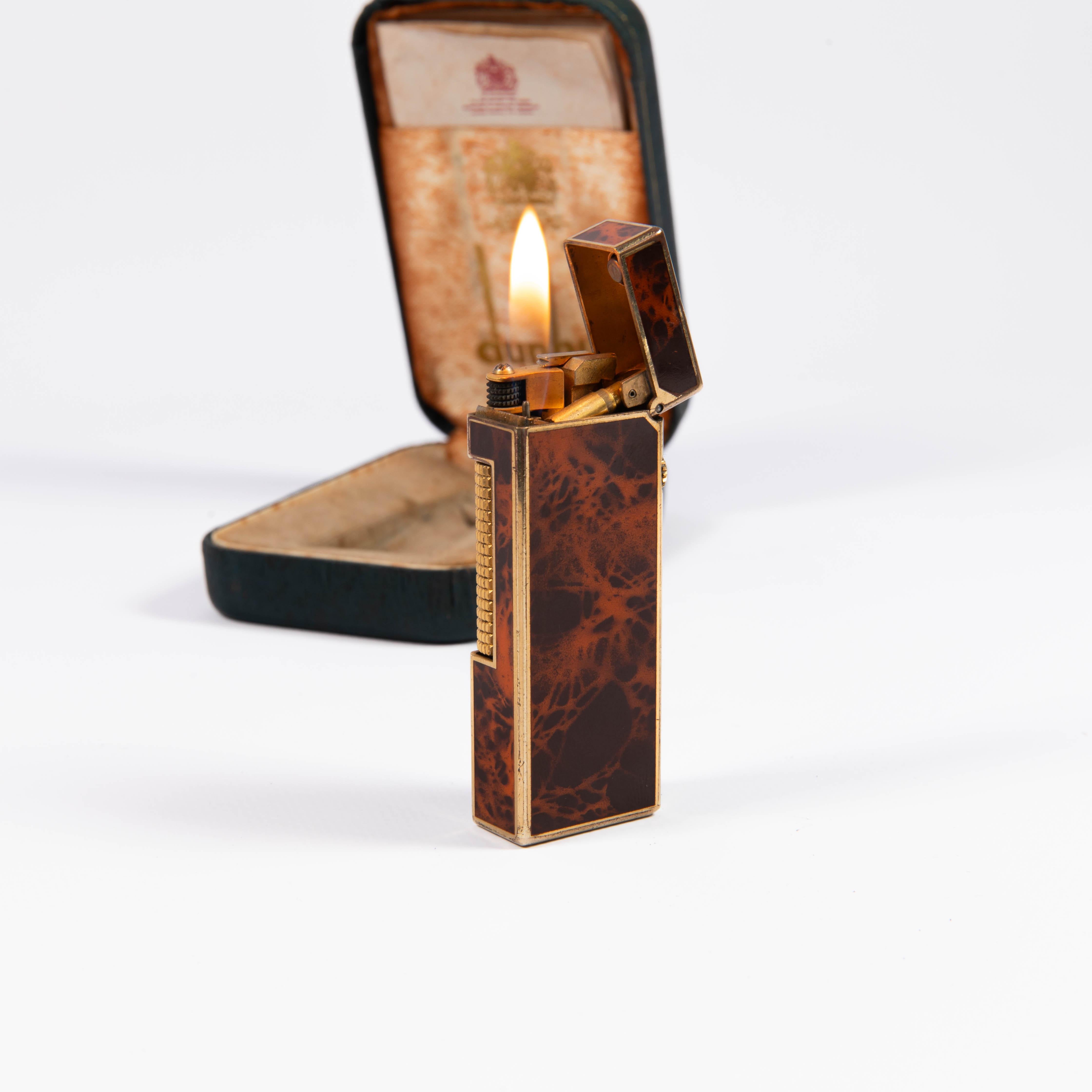 Vintage Dunhill Rollagas Lighter Red Marble Gold Plated in Box 1980s 3