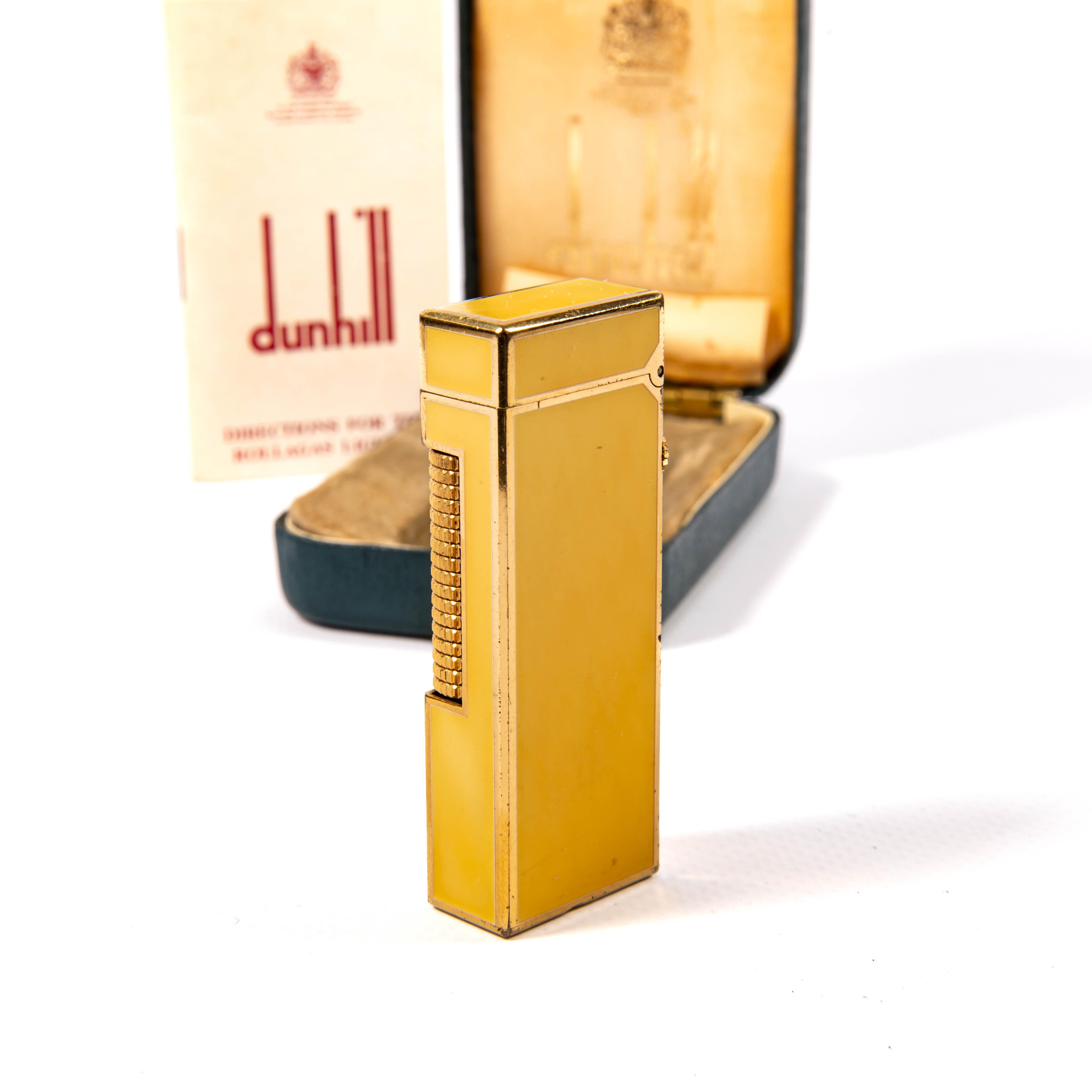 Women's or Men's Vintage DUNHILL Rollagas Lighter Yellow Lacquered in Box 1970s For Sale