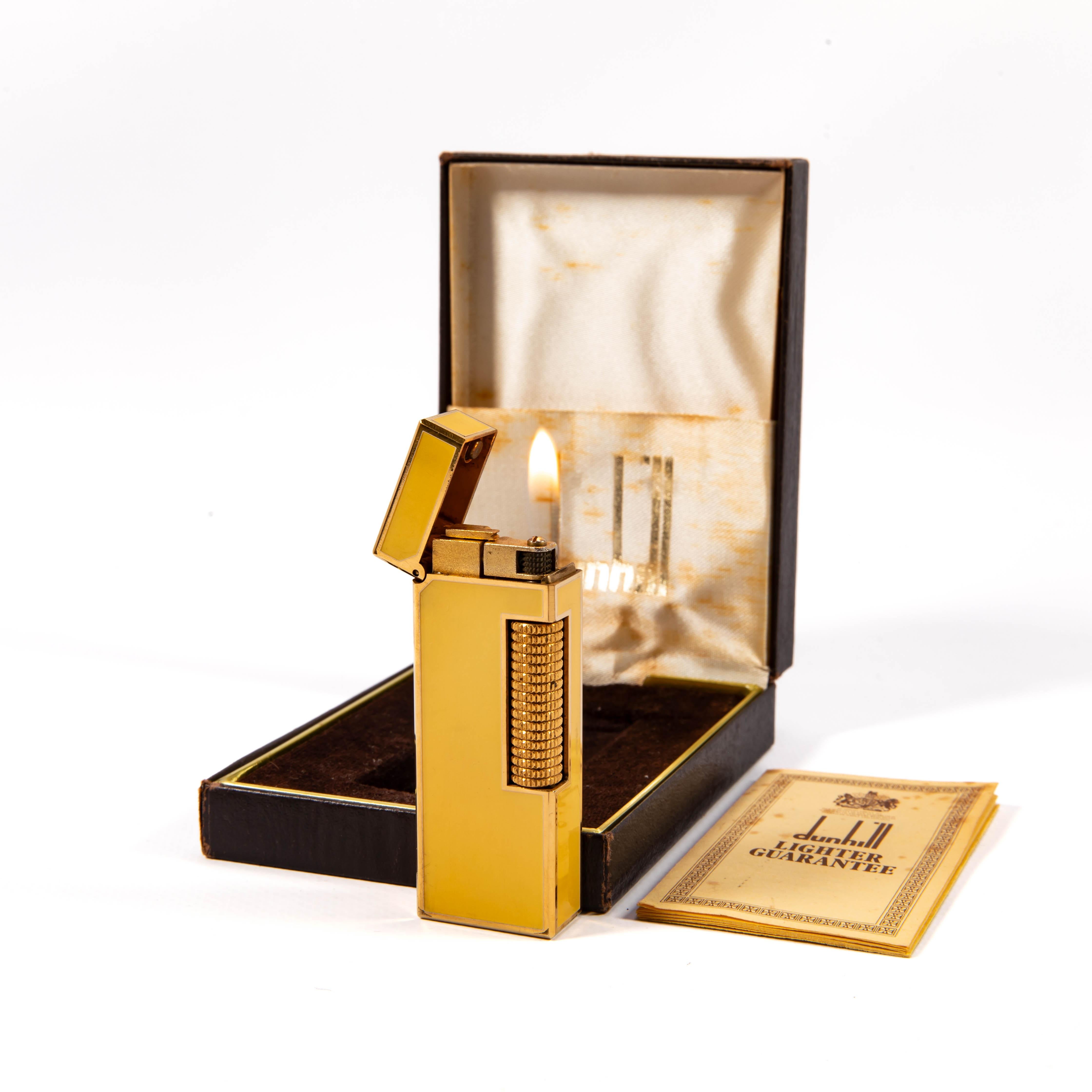 Vintage DUNHILL Rollagas Lighter Yellow Lacquered in Box 1970s For Sale