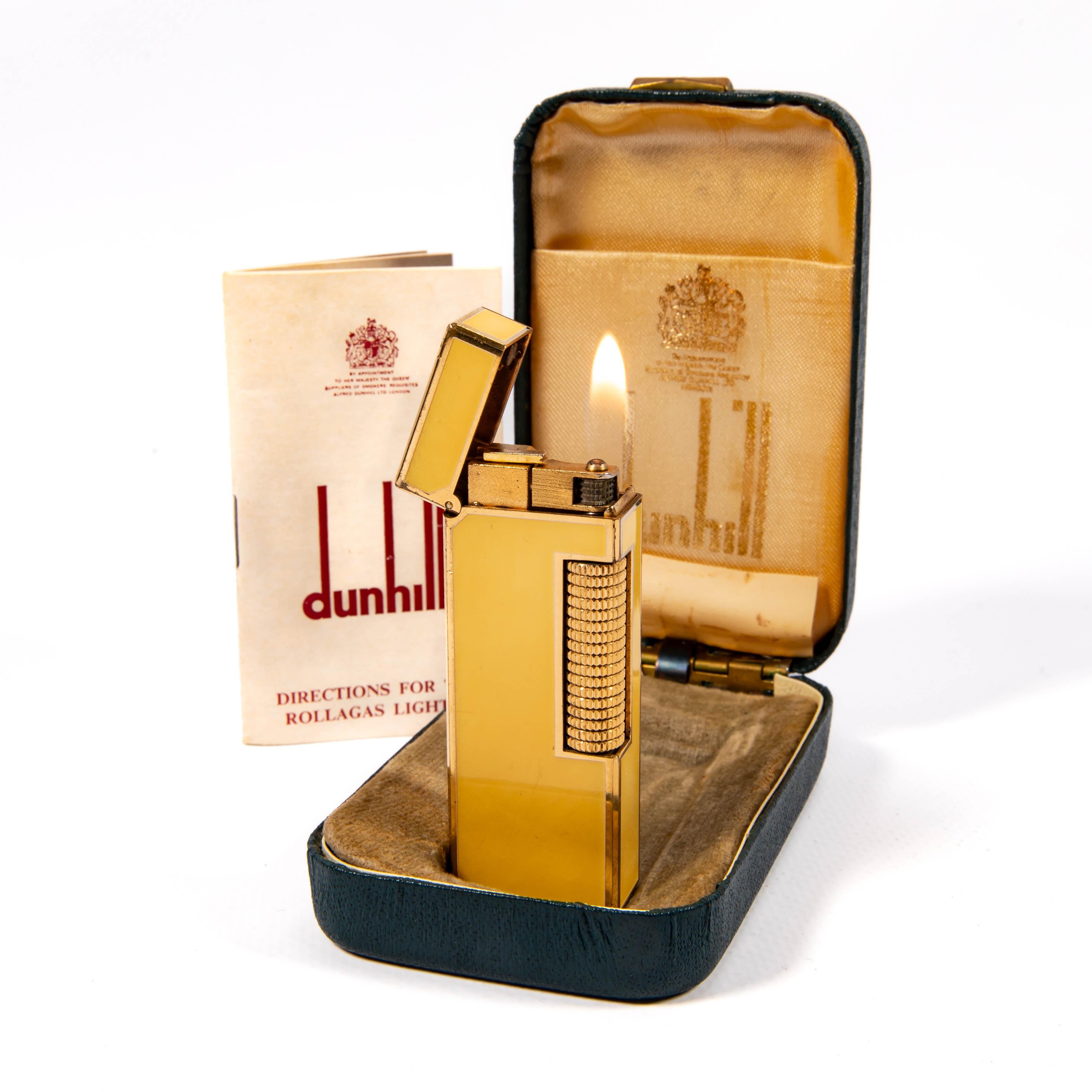 Vintage DUNHILL Rollagas Lighter Yellow Lacquered in Box 1970s