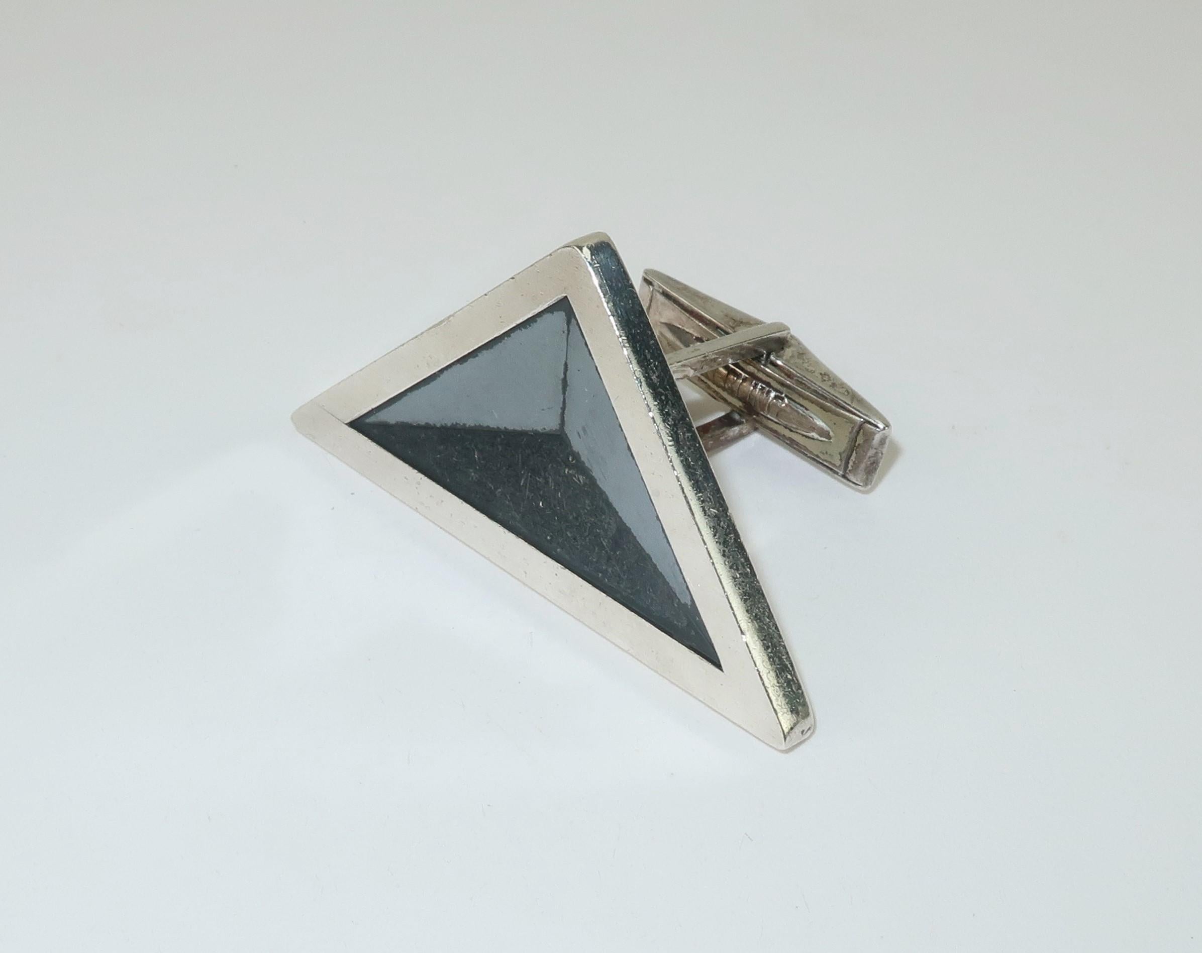 Vintage Dunhill Sterling Silver Modernist Cufflinks In Fair Condition For Sale In Atlanta, GA