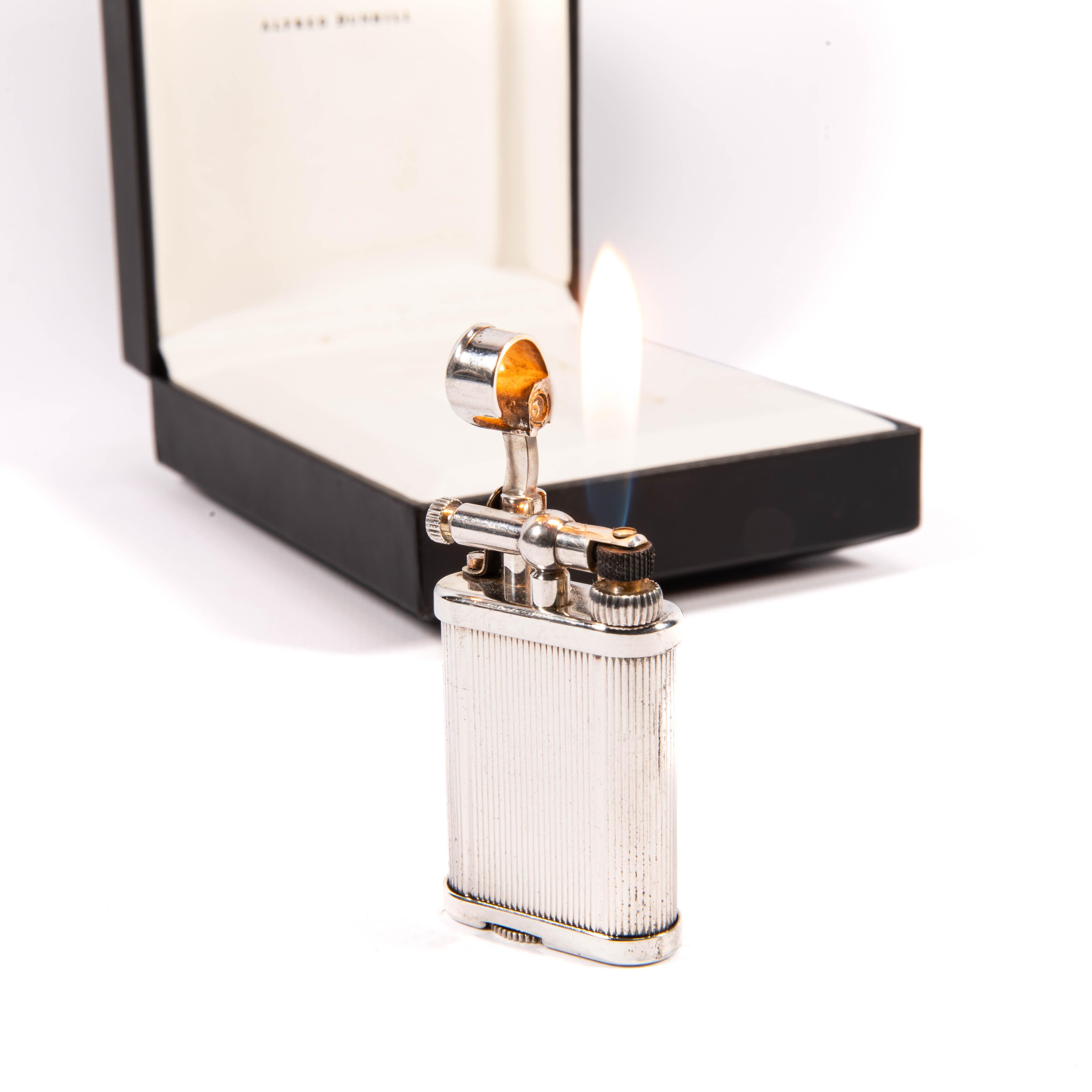 Vintage DUNHILL Unique lighter Striped Silver Plated In Box 1970s 4
