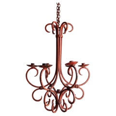 Antique Dusky Coral Painted Wrought Iron Candle Chandelier, Blacksmith Made